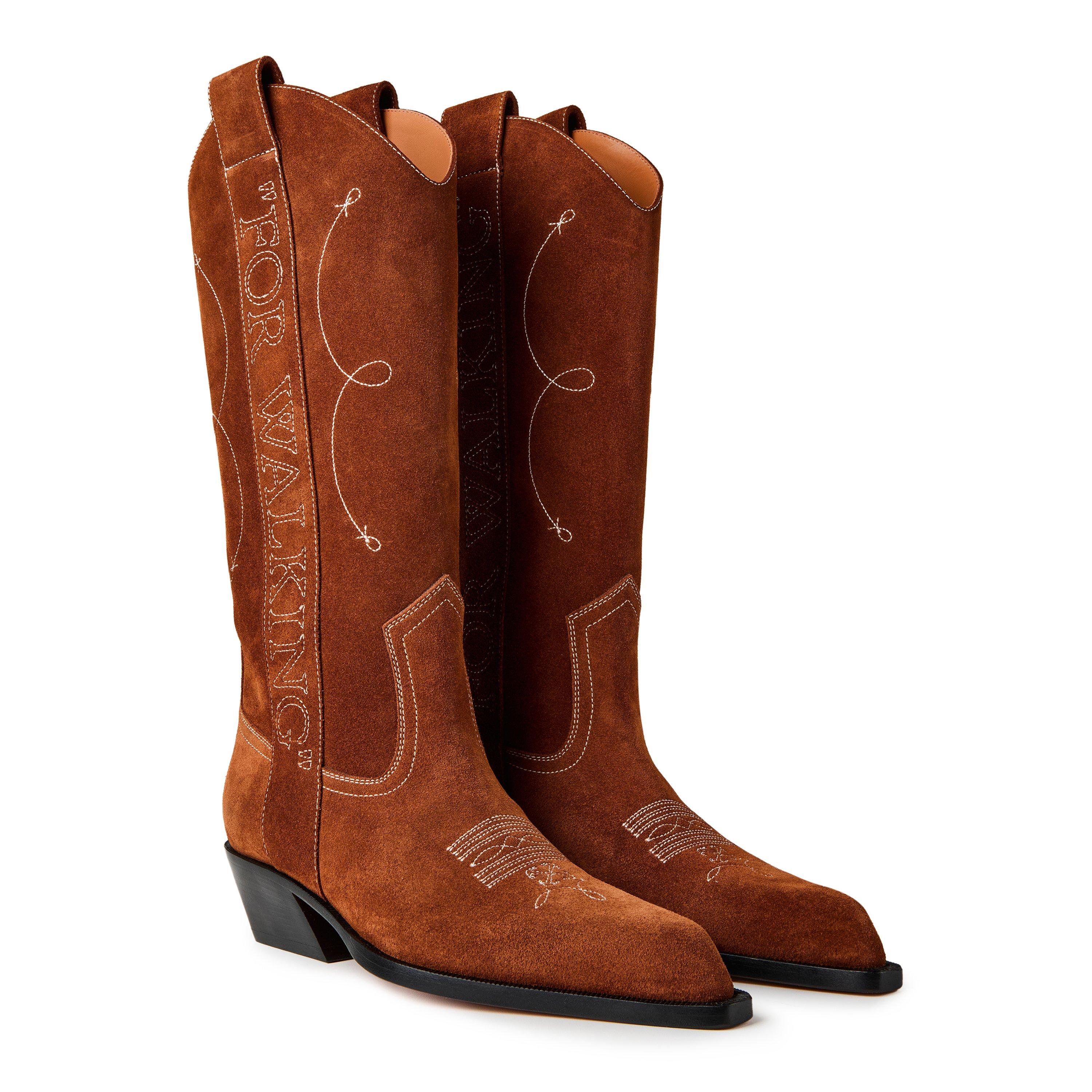 Brown/White - Off White - Women's Texan Boots with Embroidered Quote - 4