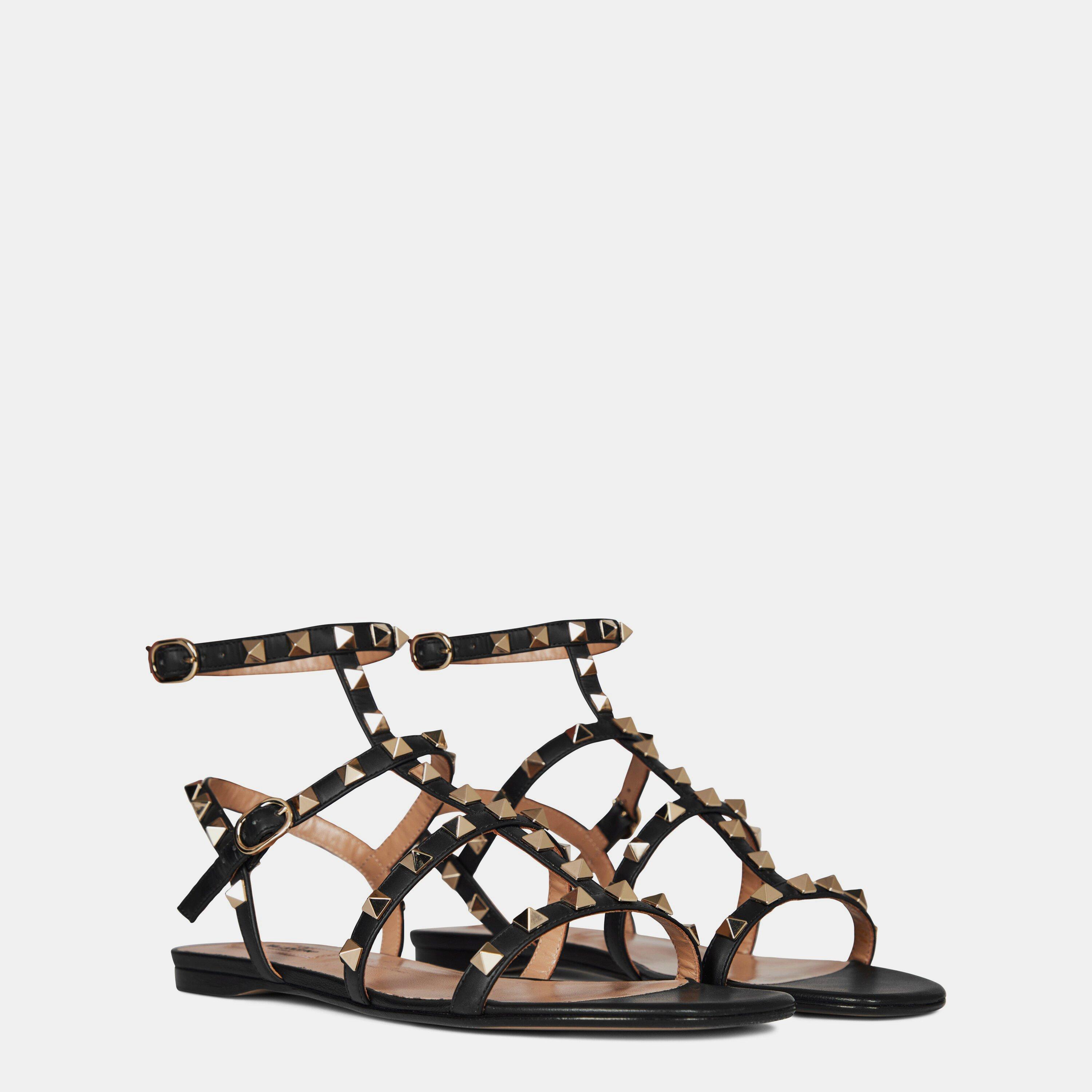 Black 0NO - Valentino Garavani - Rockstud Leather Flat Sandals - 4