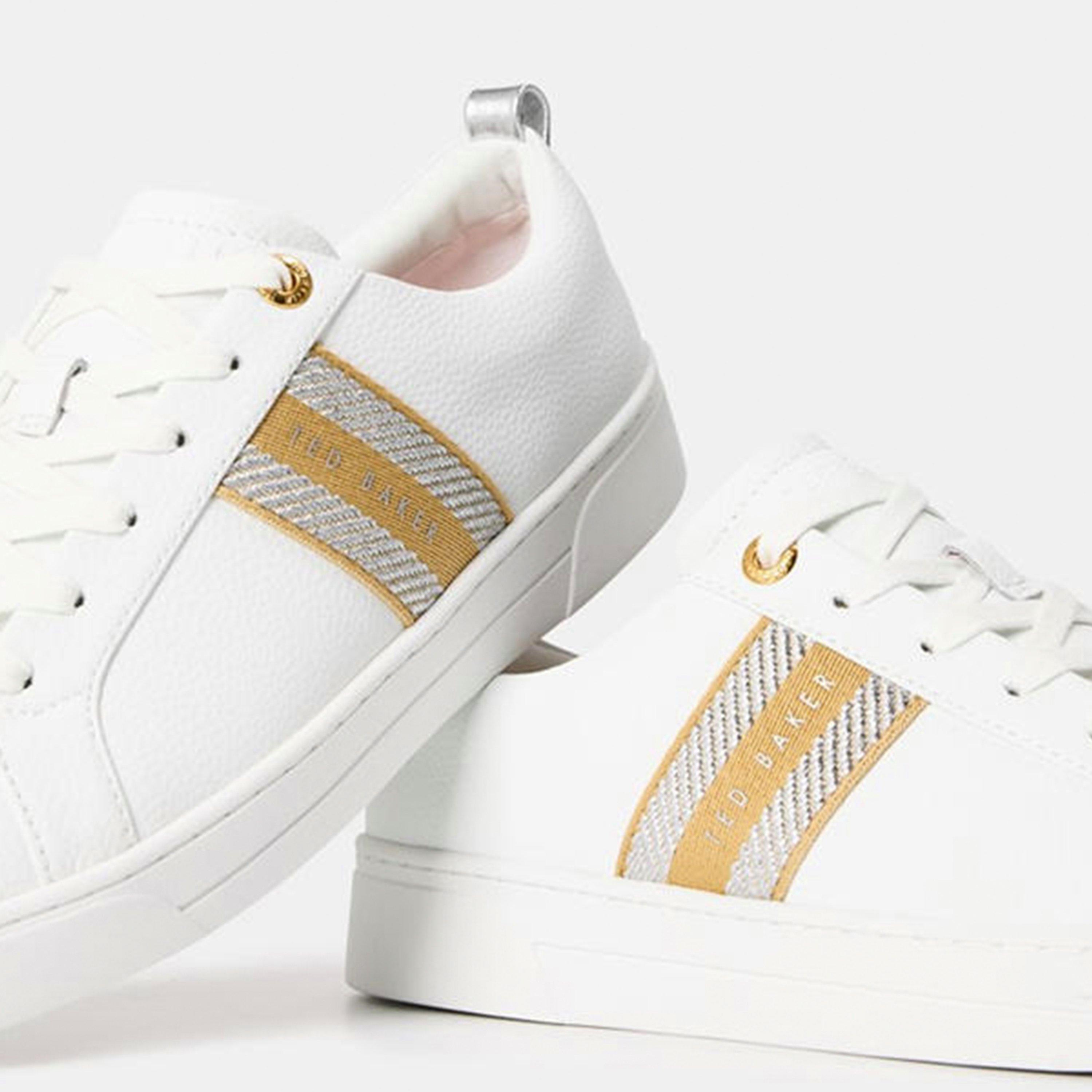 White/Gold - Ted Baker - Womens Lace-Up Leather Webbing Trainers - 3