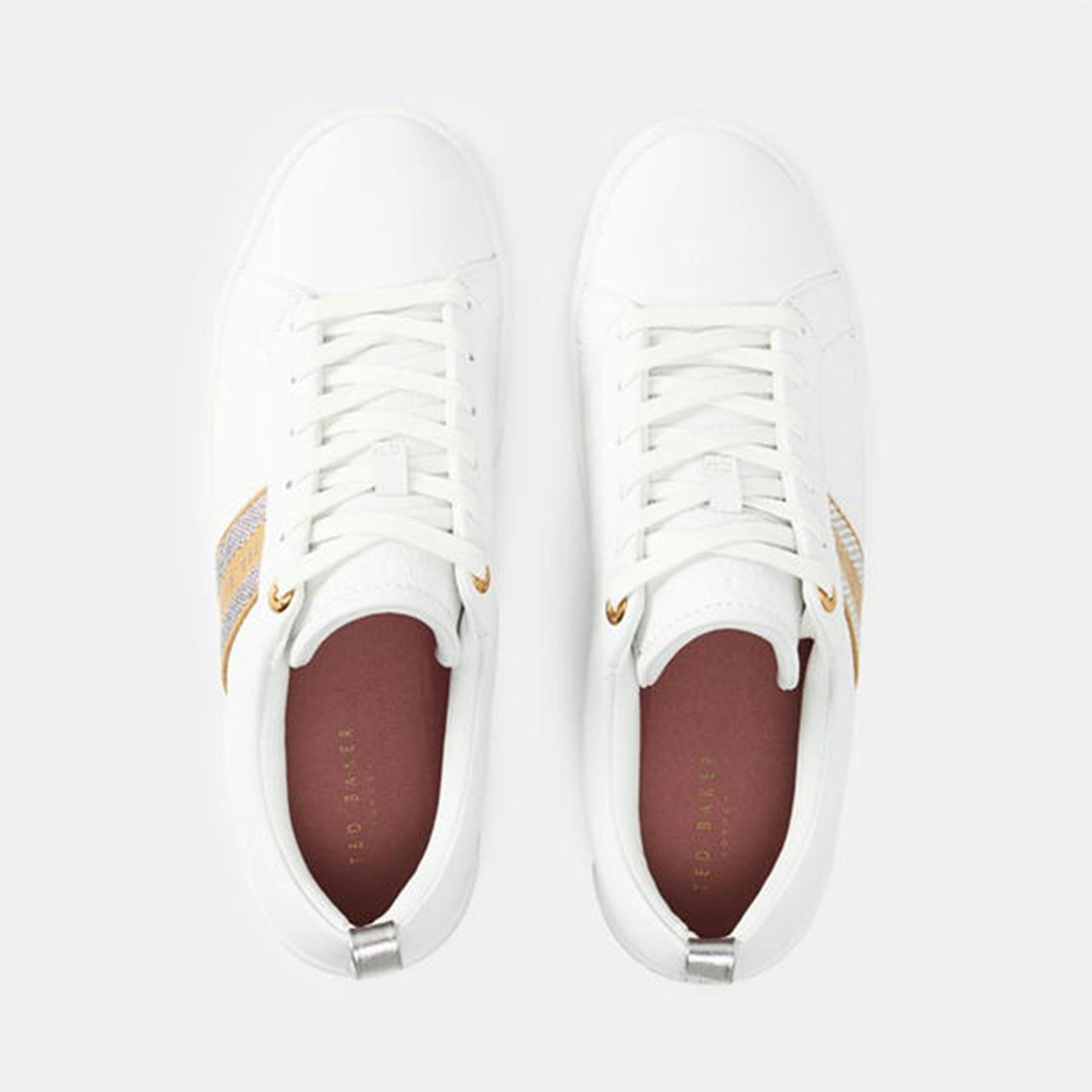 White/Gold - Ted Baker - Womens Lace-Up Leather Webbing Trainers - 4