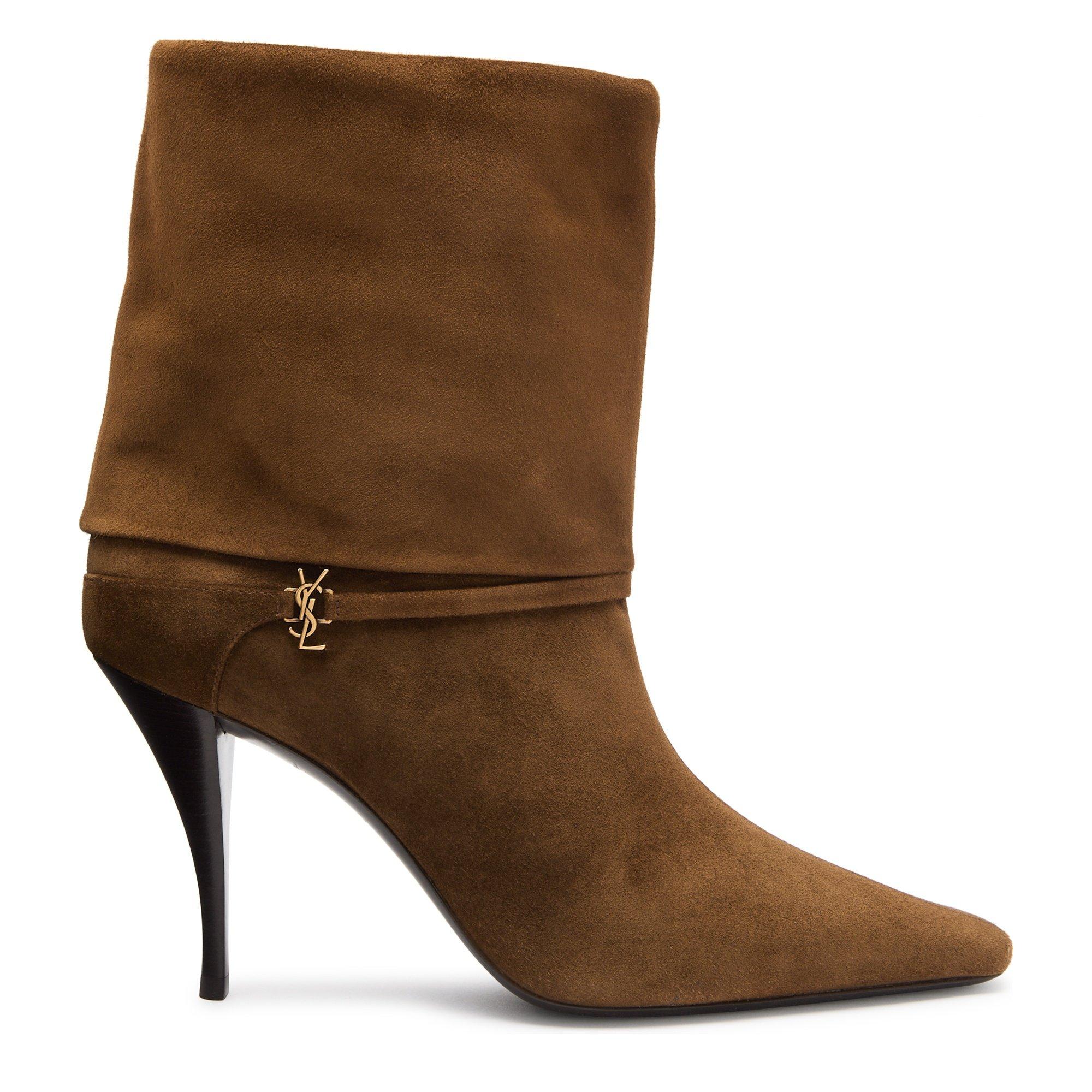 BROWN - Saint Laurent - Women's Ricky 90 Dream Suede Heeled Ankle Boots