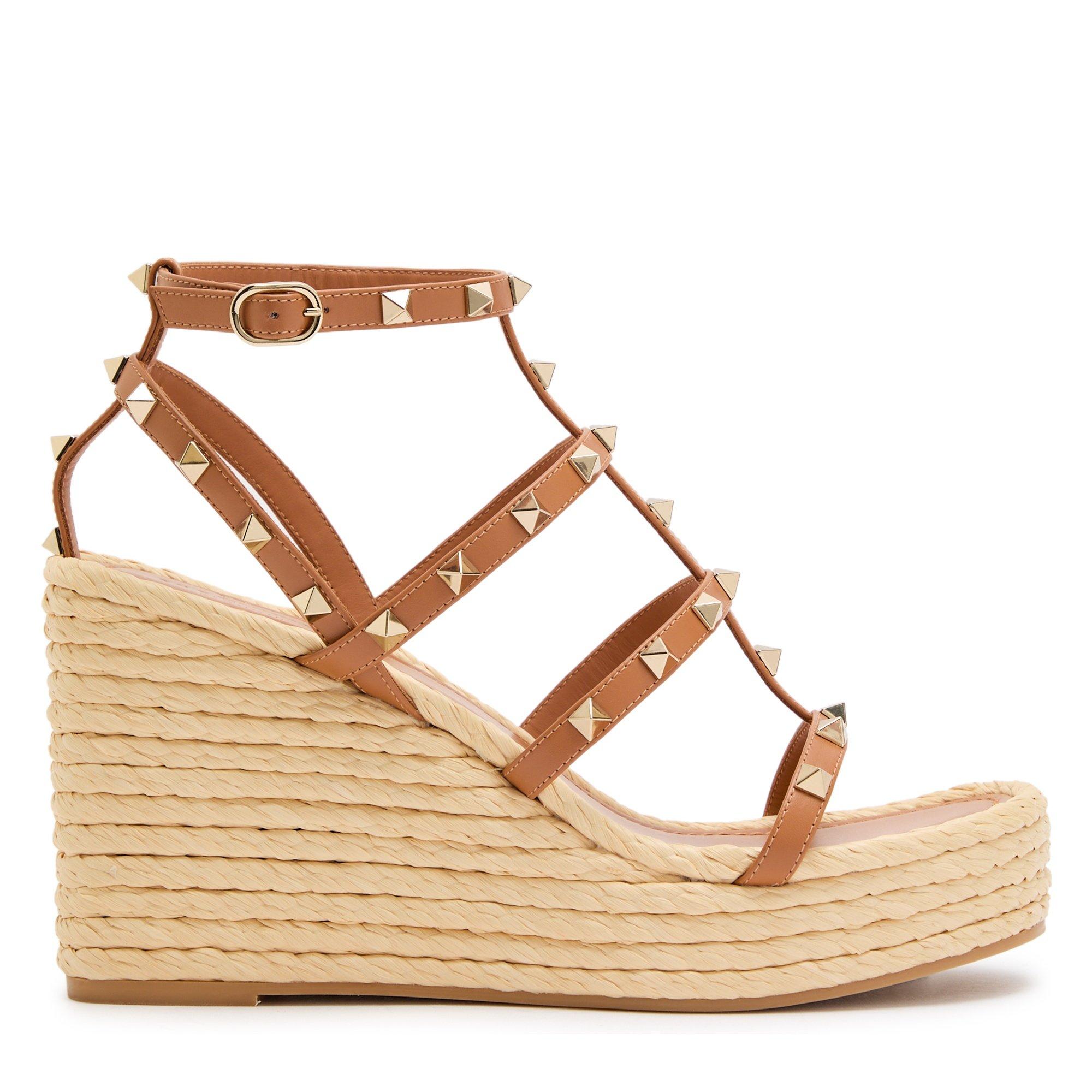 TAN - Valentino - Women's Rockstud Wedge 95 Leather Sandals - 1