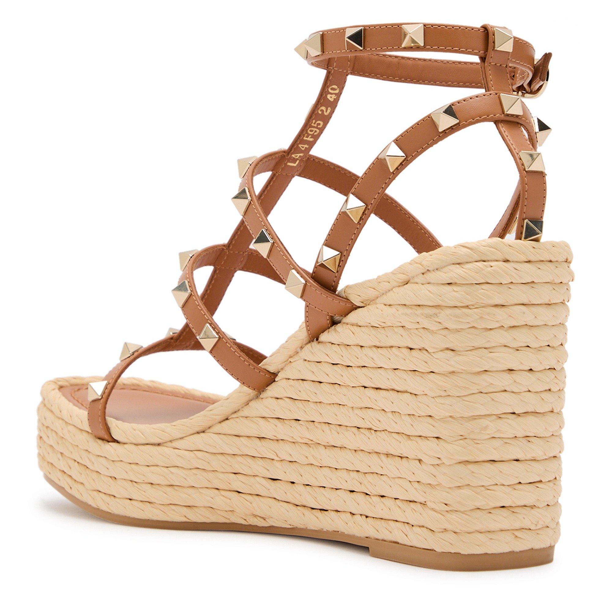 TAN - Valentino - Women's Rockstud Wedge 95 Leather Sandals - 2