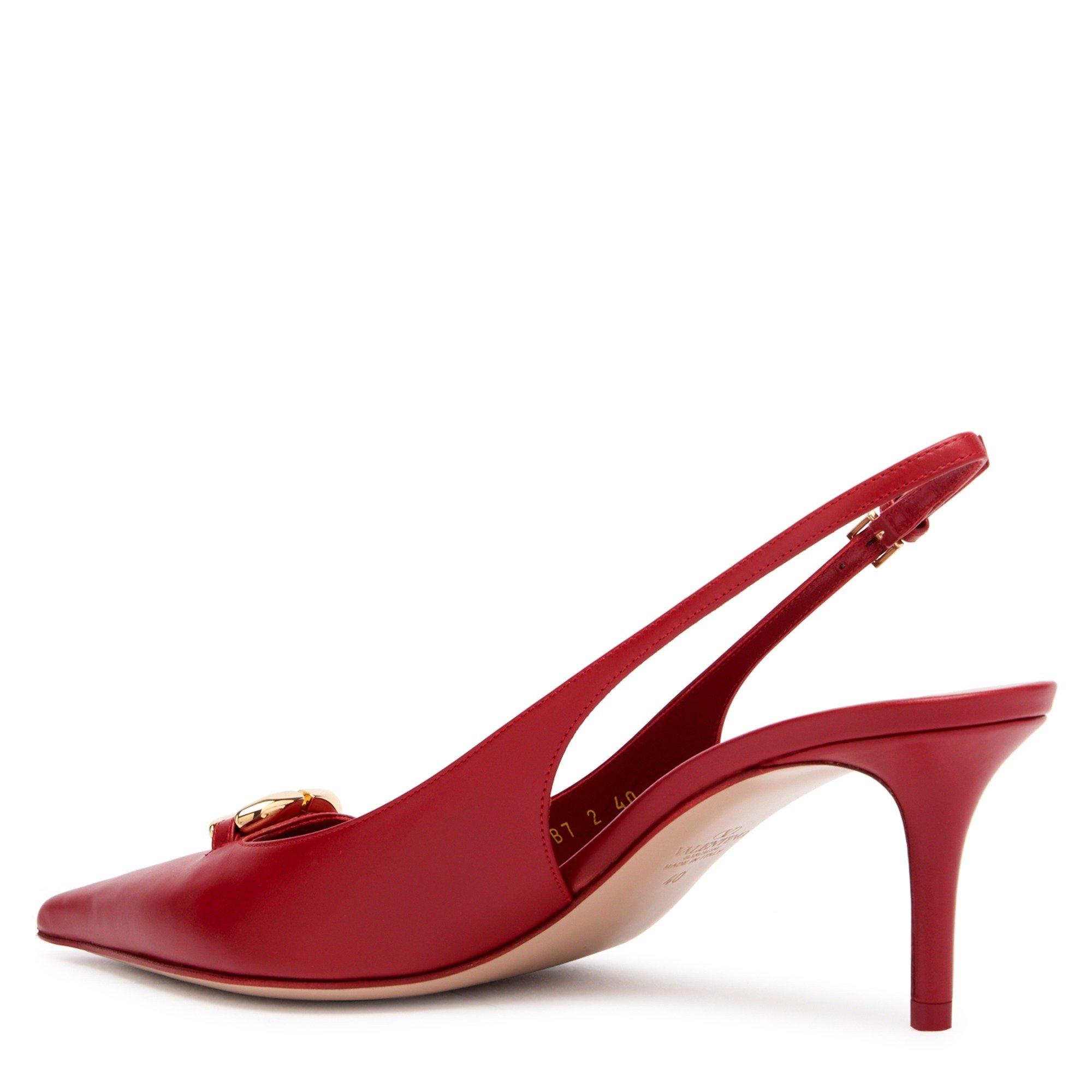 RED - Valentino - Women's VLogo Leather Pointed-Toe Kitten-Heel Slingbacks - 2
