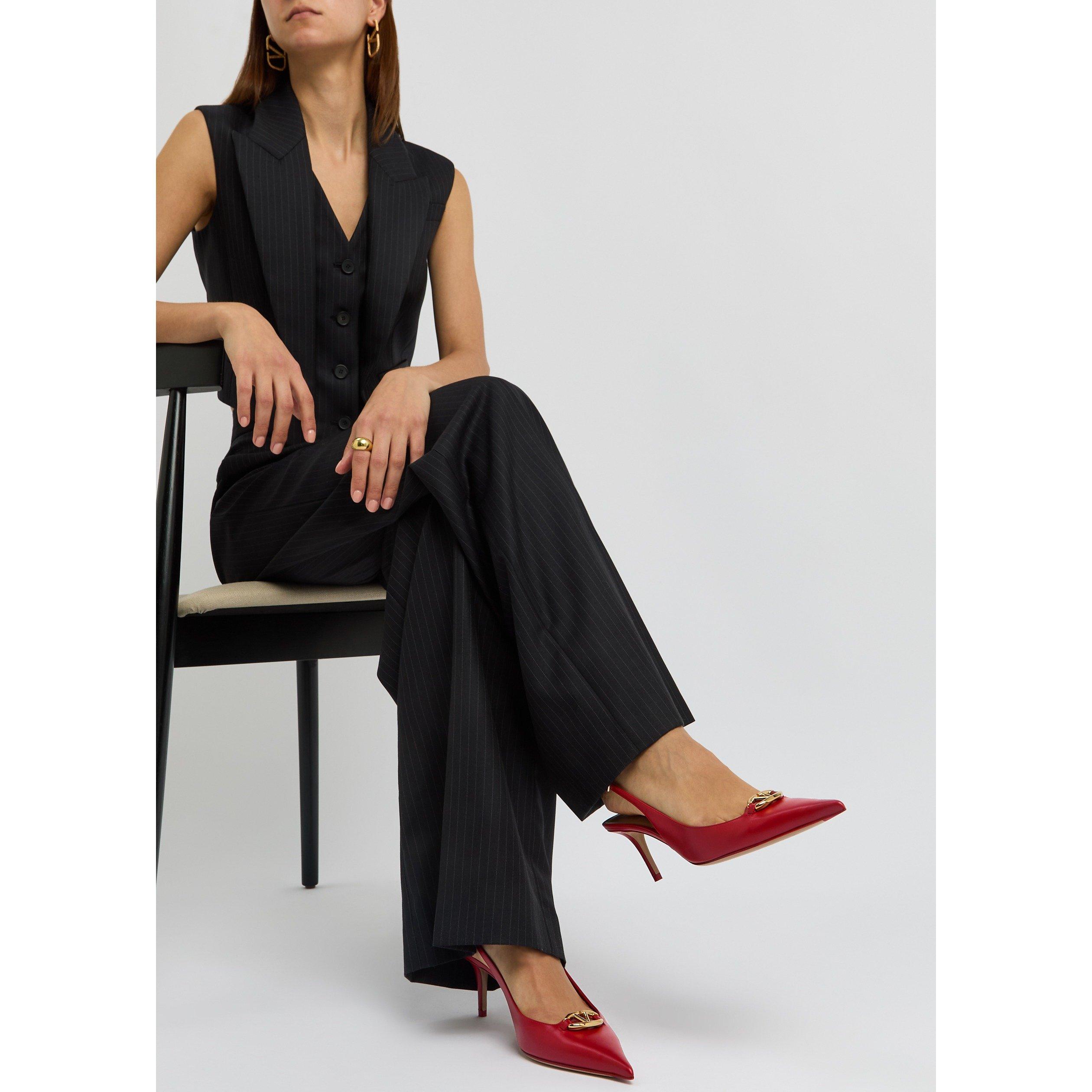 RED - Valentino - Women's VLogo Leather Pointed-Toe Kitten-Heel Slingbacks - 3