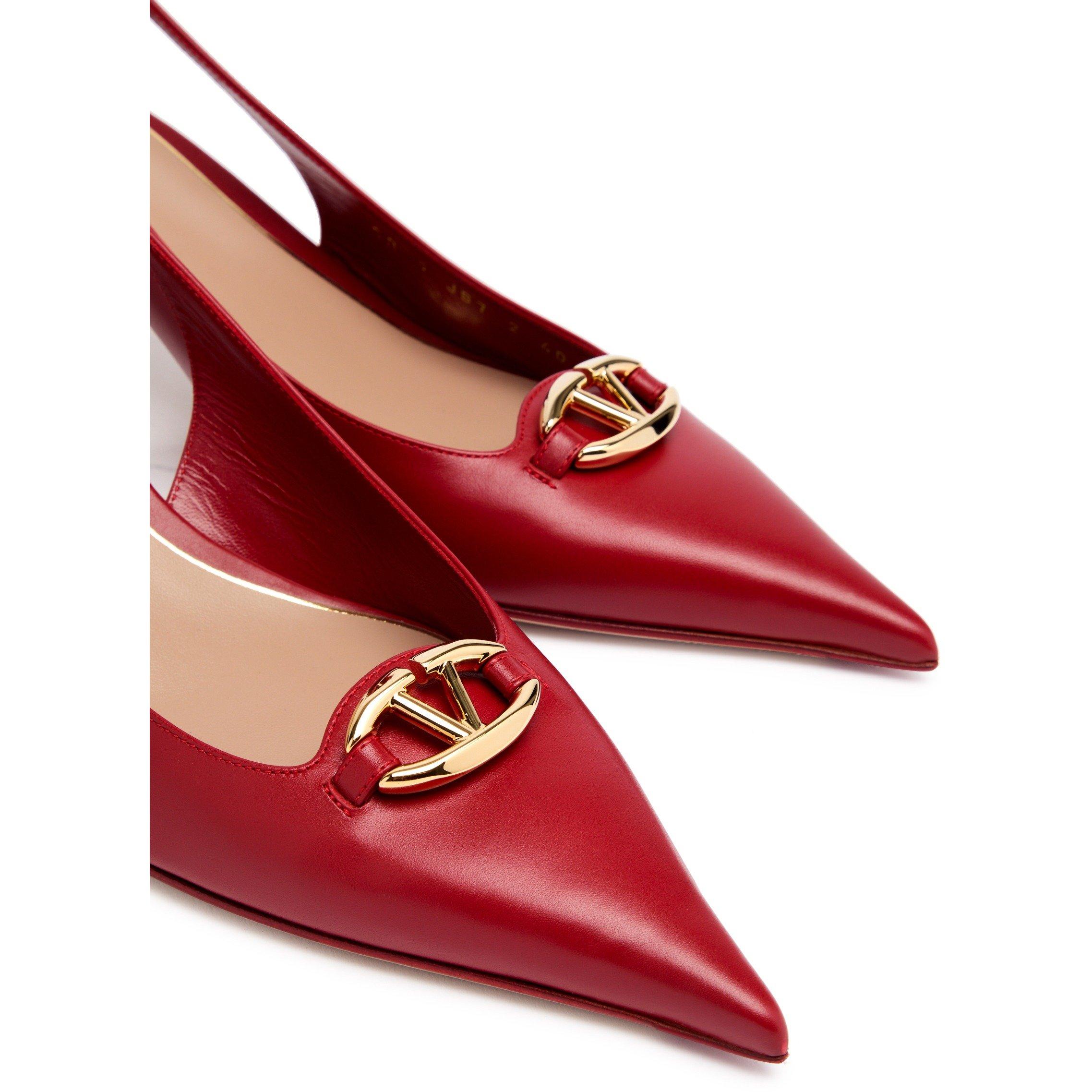RED - Valentino - Women's VLogo Leather Pointed-Toe Kitten-Heel Slingbacks - 4