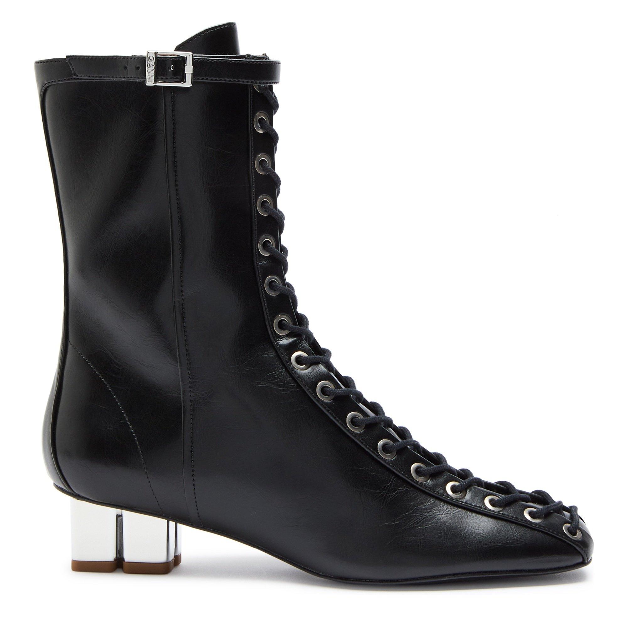 BLACK - Ganni - Eyelets Lace Up Ankle Boot