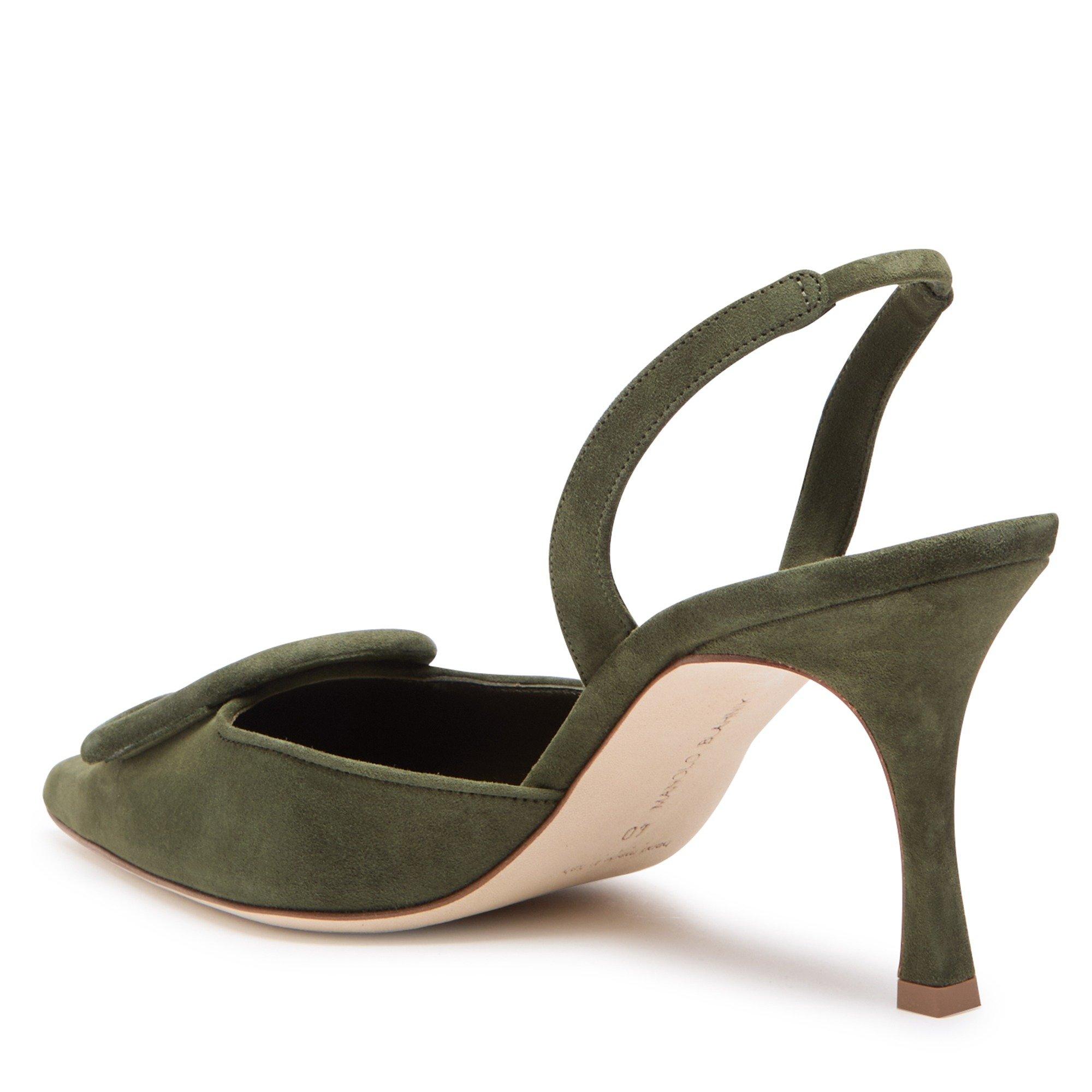 DARK GREEN - Manolo Blahnik - Women's Maysli 70 Suede Pointed-Toe Slingbacks - 2