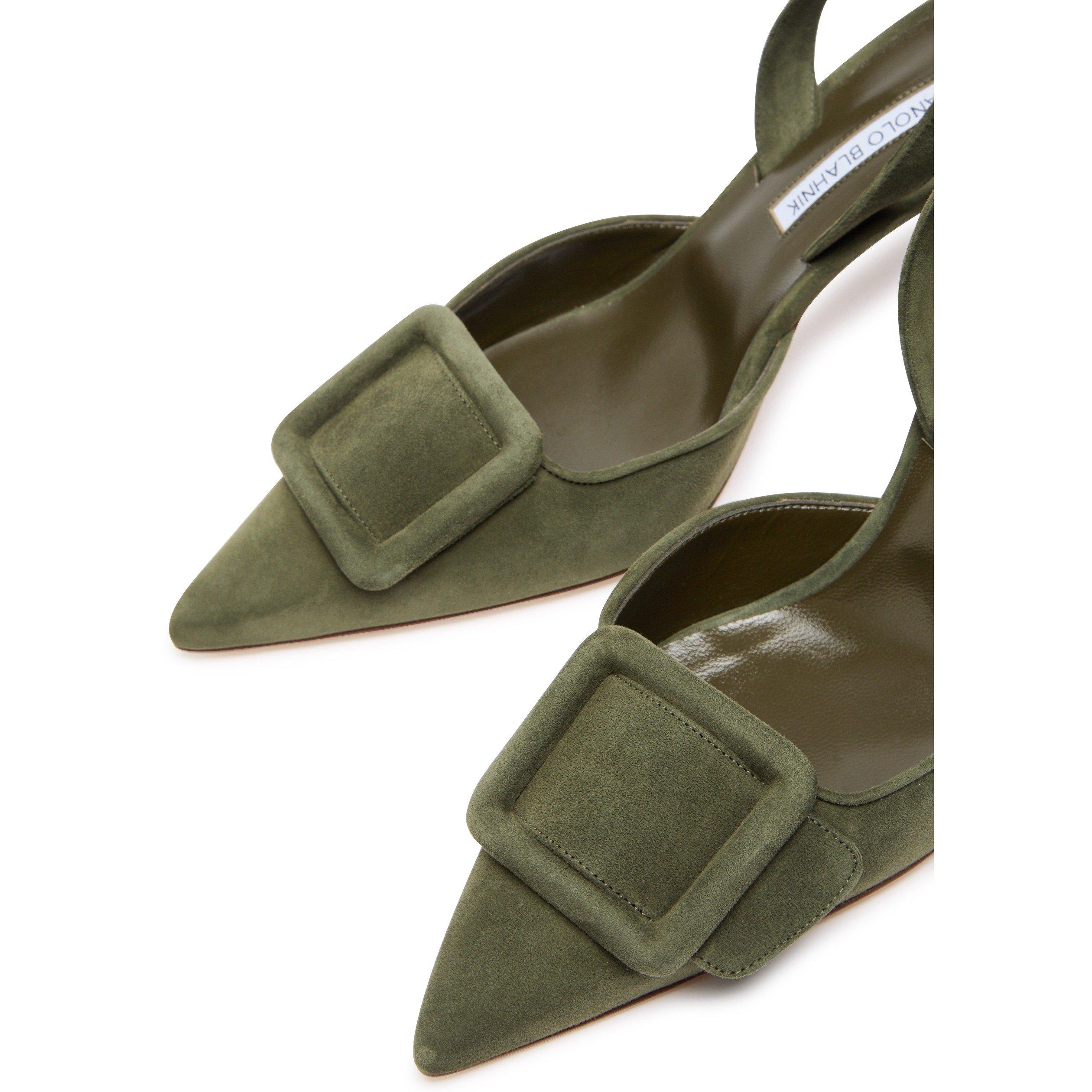 DARK GREEN - Manolo Blahnik - Women's Maysli 70 Suede Pointed-Toe Slingbacks - 5