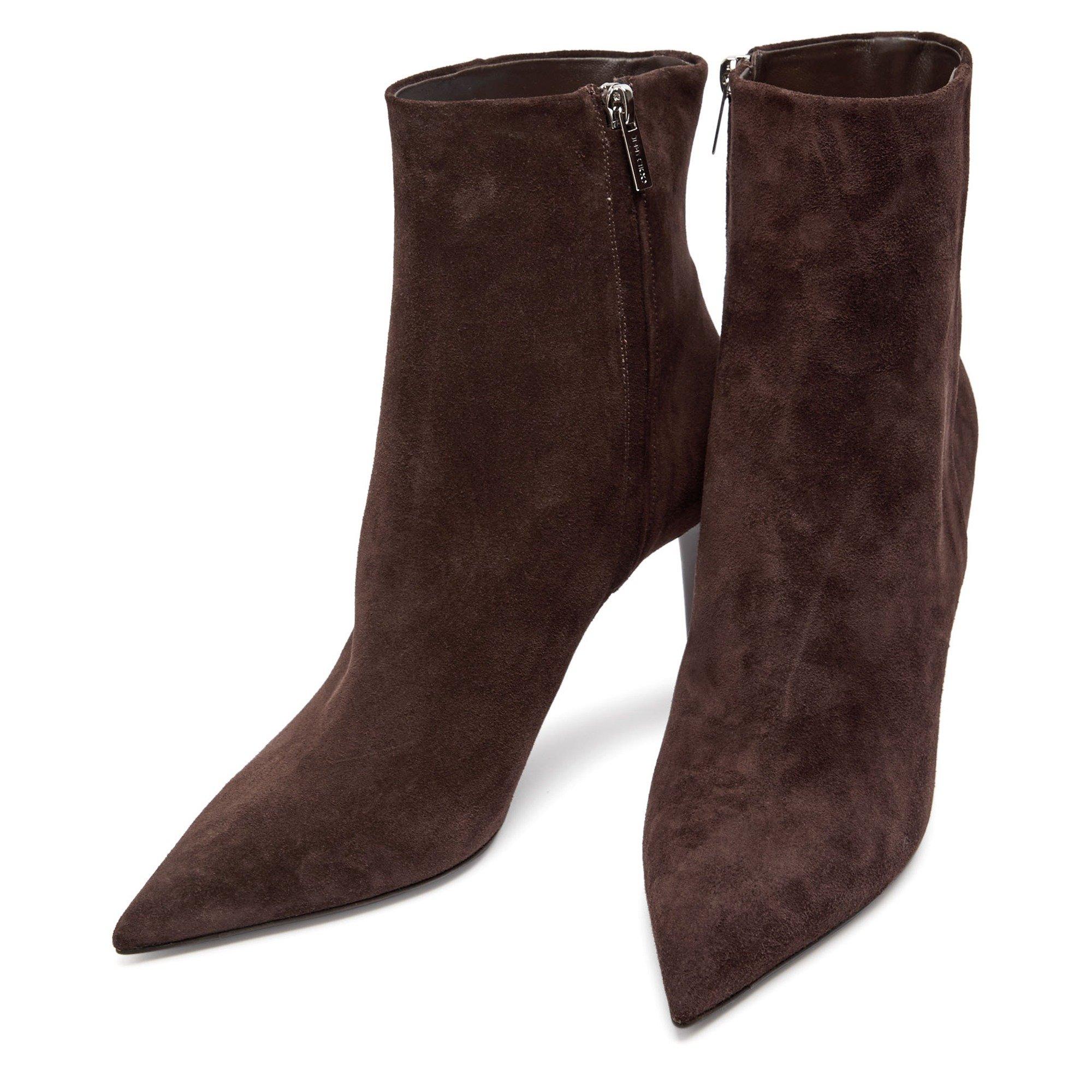 BROWN - Jimmy Choo - Women's Frankie Suede Pointed-Toe Heeled Ankle Boots - 4