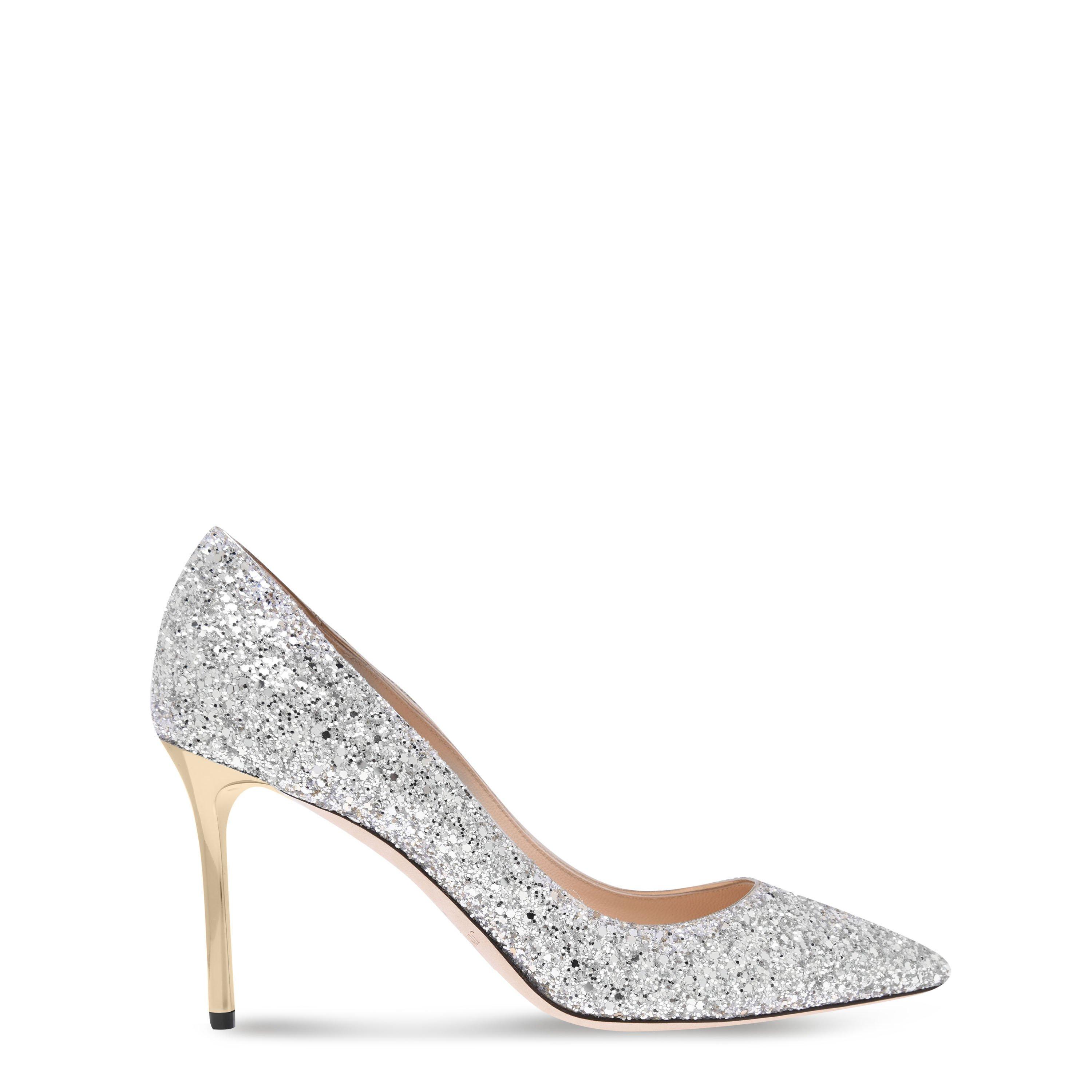 Jimmy Choo Womens Glitter Romy 85 Heels - Champagne - Size 4 (37)