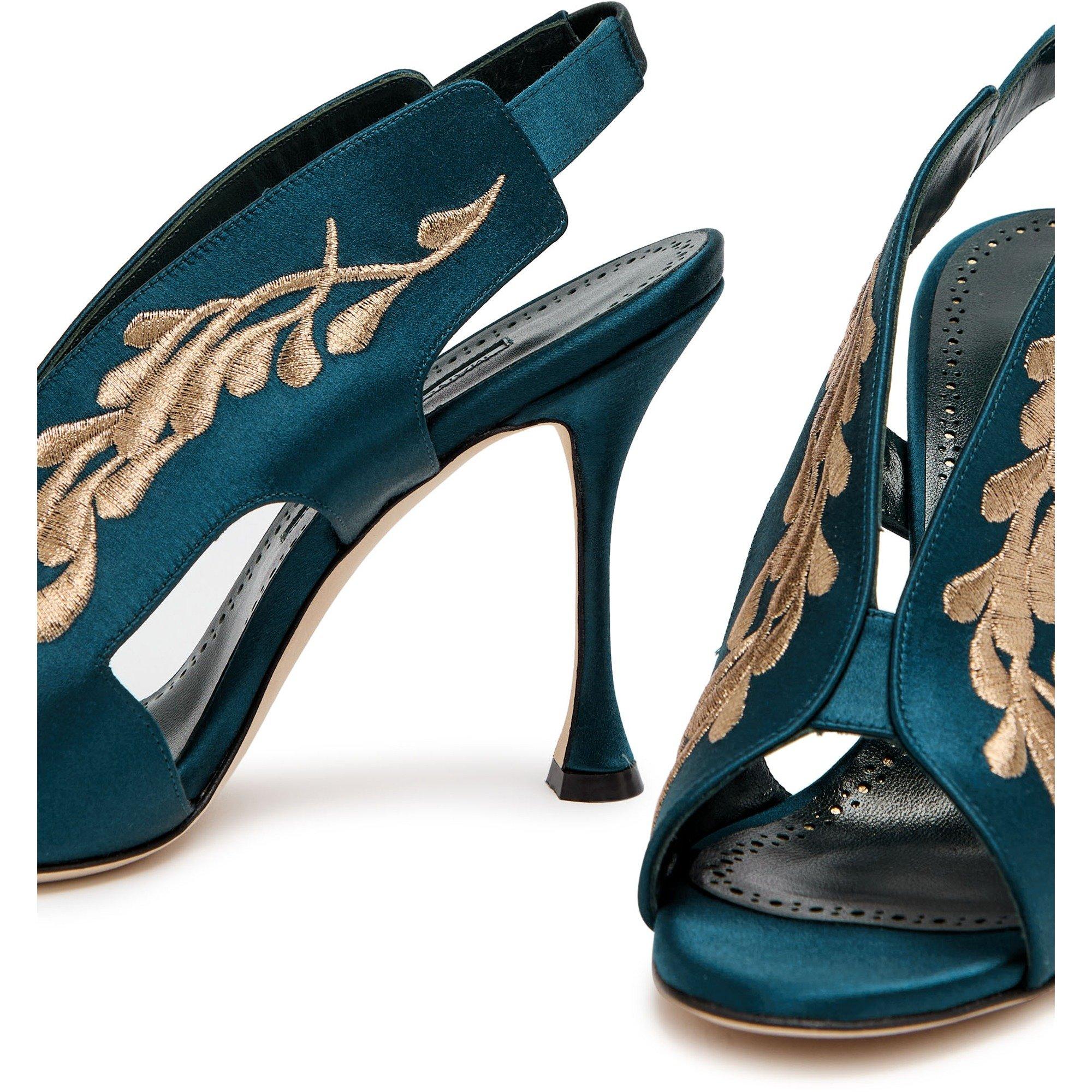 DARK BLUE - Manolo Blahnik - Women's Pancrabonu 105 Embroidered Satin Heeled Sandals - 4