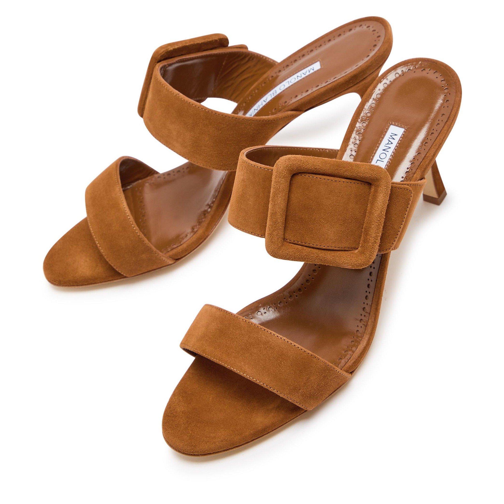BROWN - Manolo Blahnik - Women's Maysale 70 Suede Heeled Mules - 4