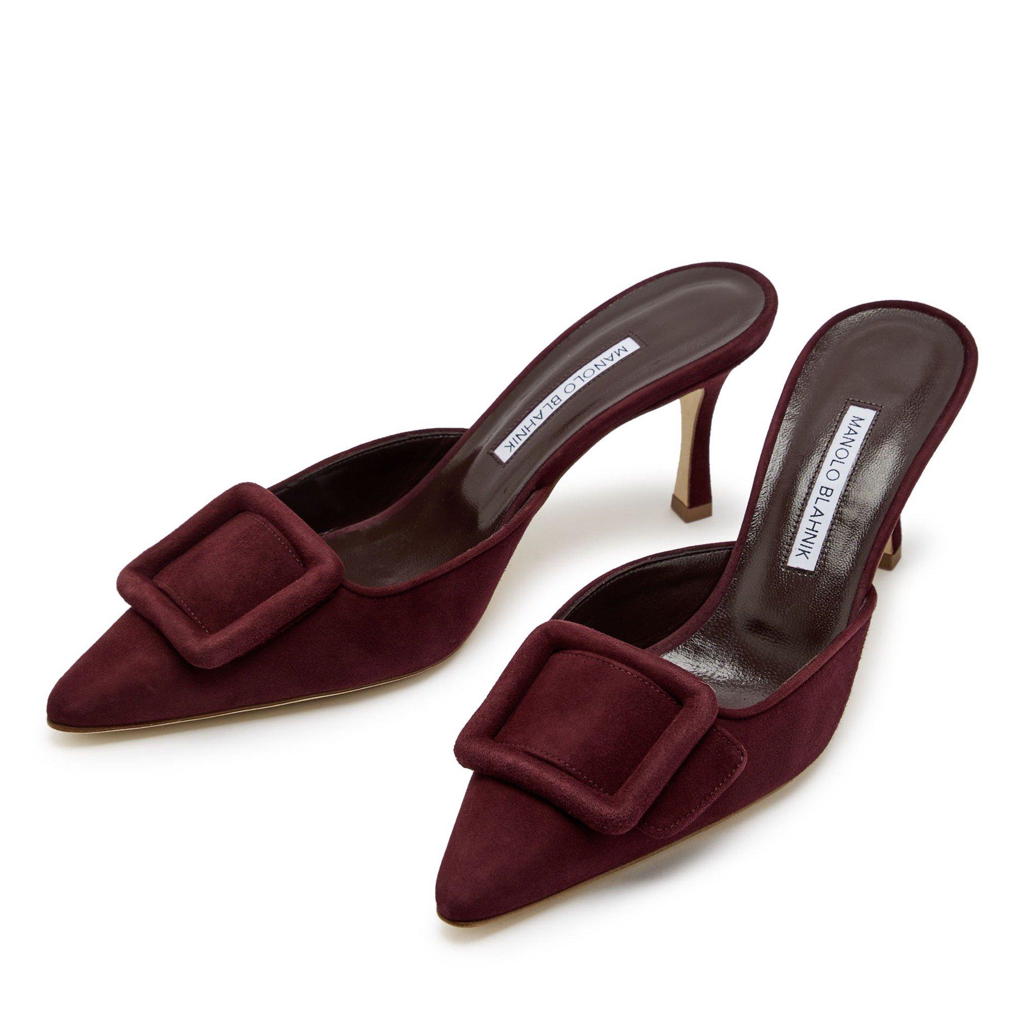 BURGUNDY - Manolo Blahnik - Women's Maysale 70 Suede Pointed-Toe Heeled Mules - 3