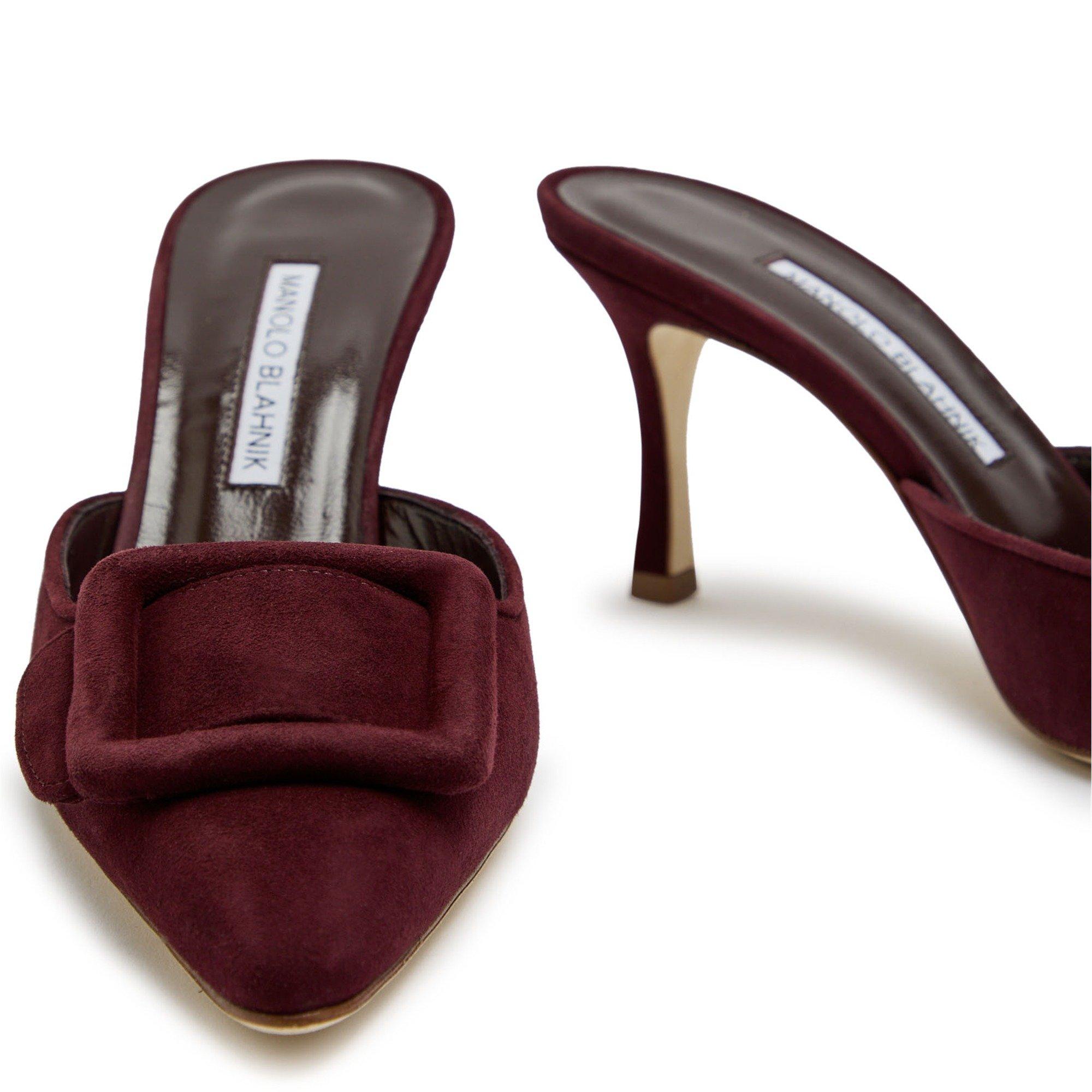 BURGUNDY - Manolo Blahnik - Women's Maysale 70 Suede Pointed-Toe Heeled Mules - 4