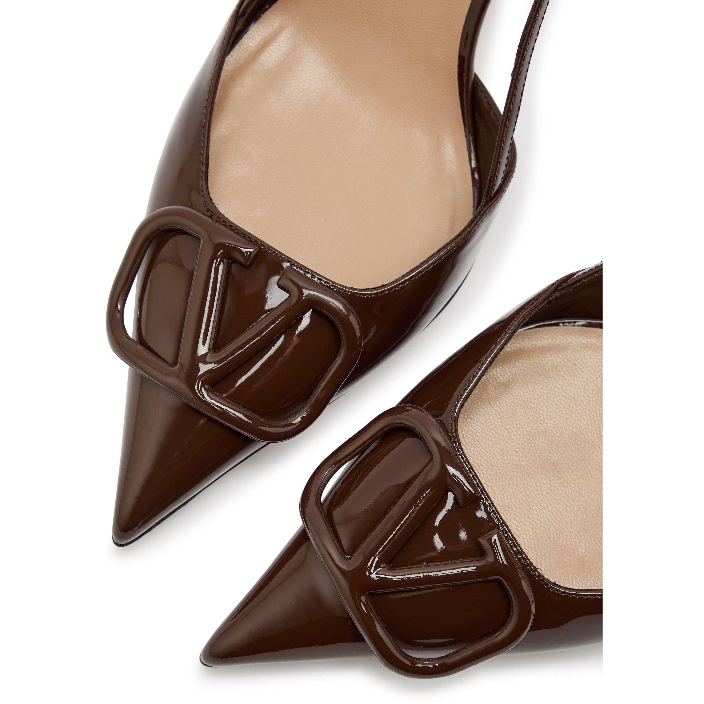 BROWN - Valentino - Women's VLogo Signature 80 Patent Leather Slingbacks - 4