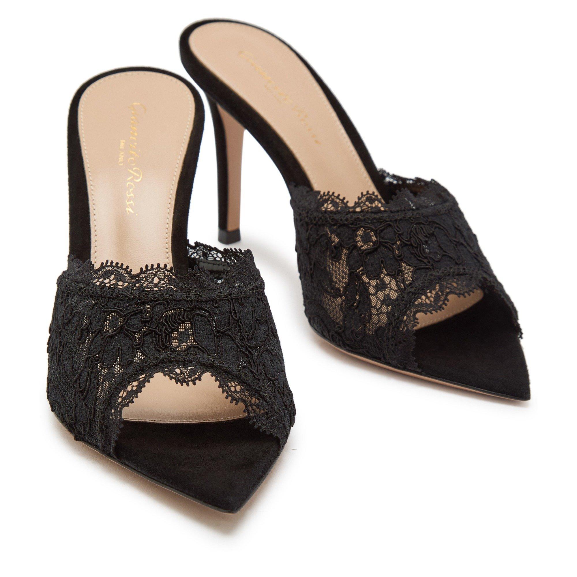BLACK - Gianvito Rossi - Women's Lace Suede Pointed-Toe Heeled Mules - 3