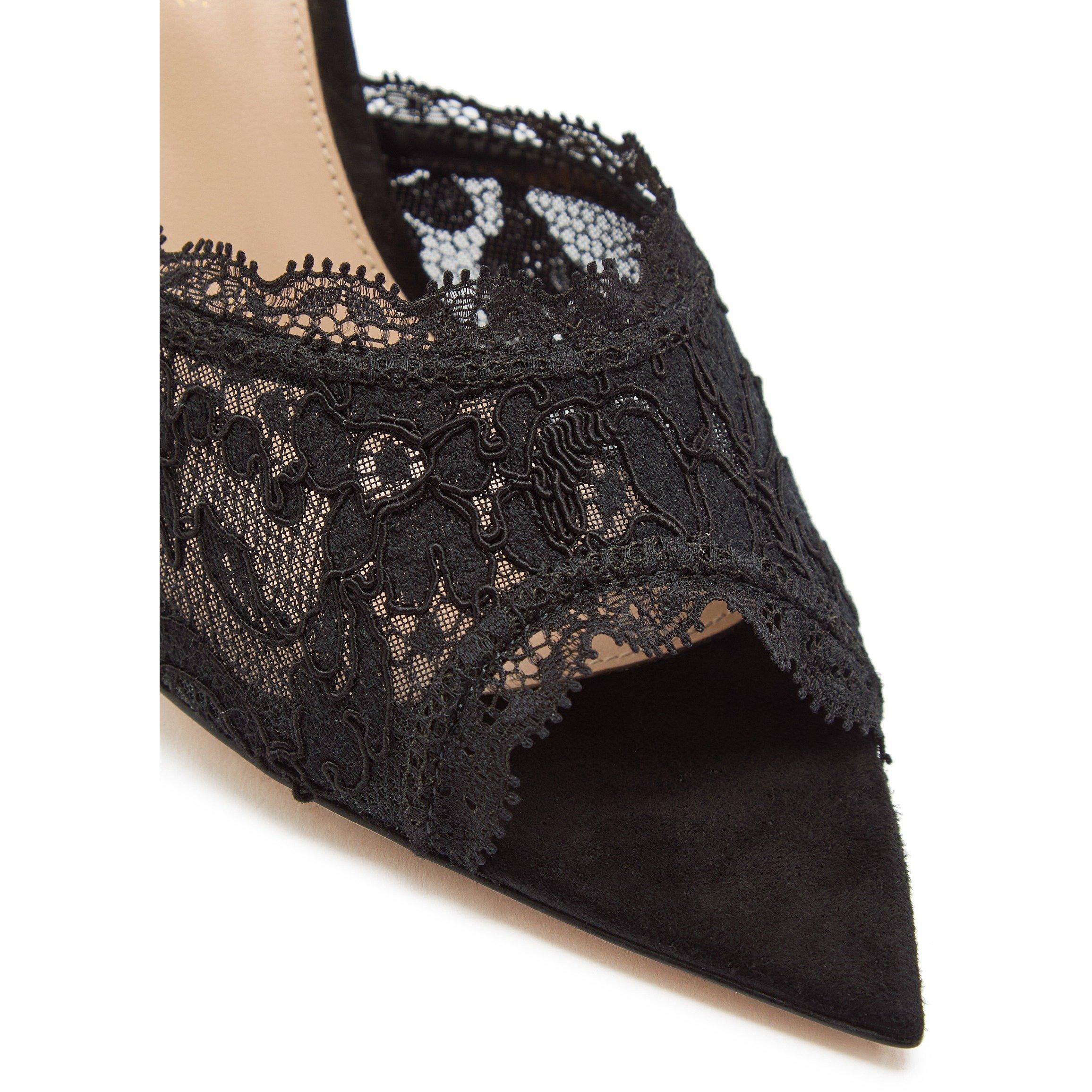 BLACK - Gianvito Rossi - Women's Lace Suede Pointed-Toe Heeled Mules - 4