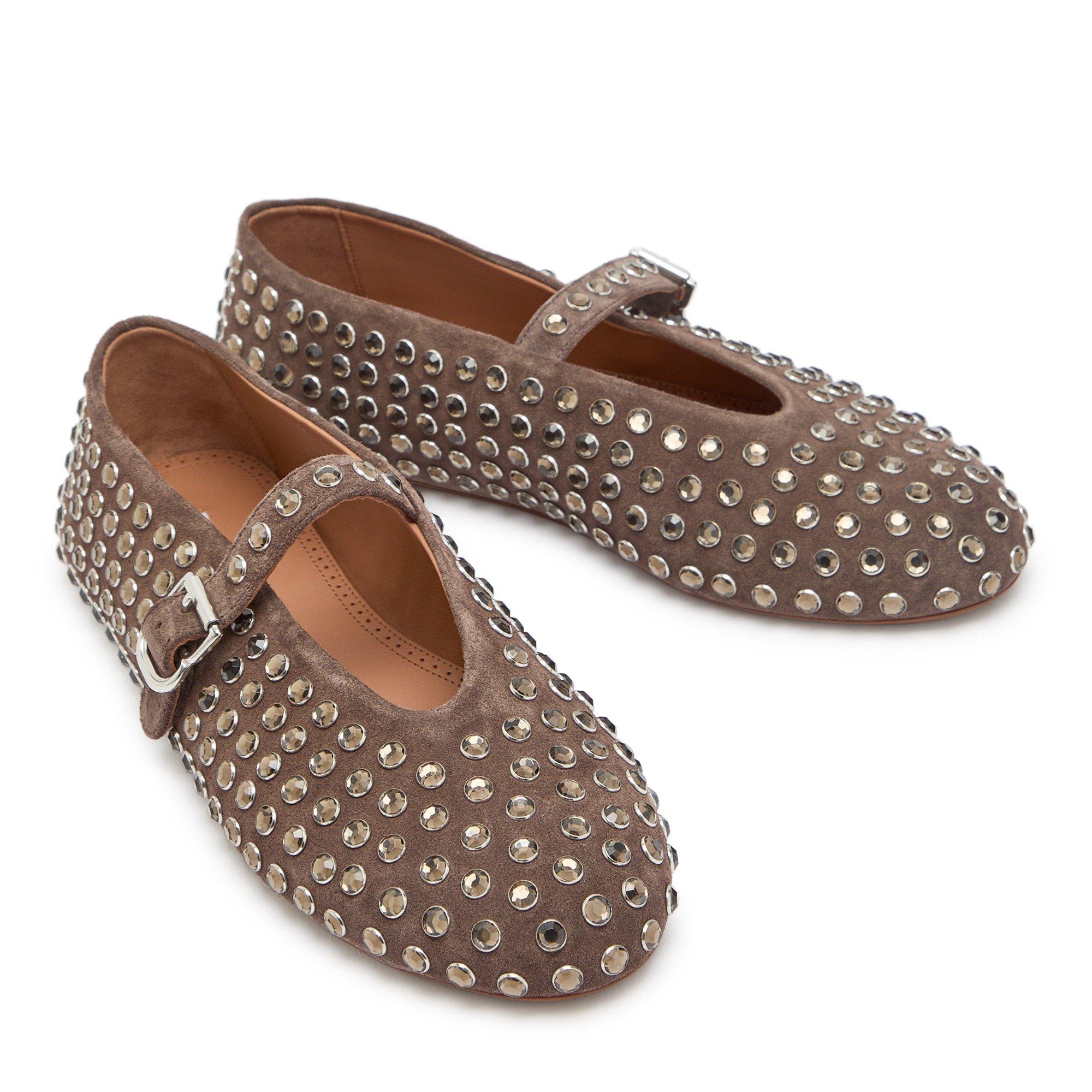 BROWN - Alaia - Women's Suede Crystal-Embellished Ballet Pumps - 3