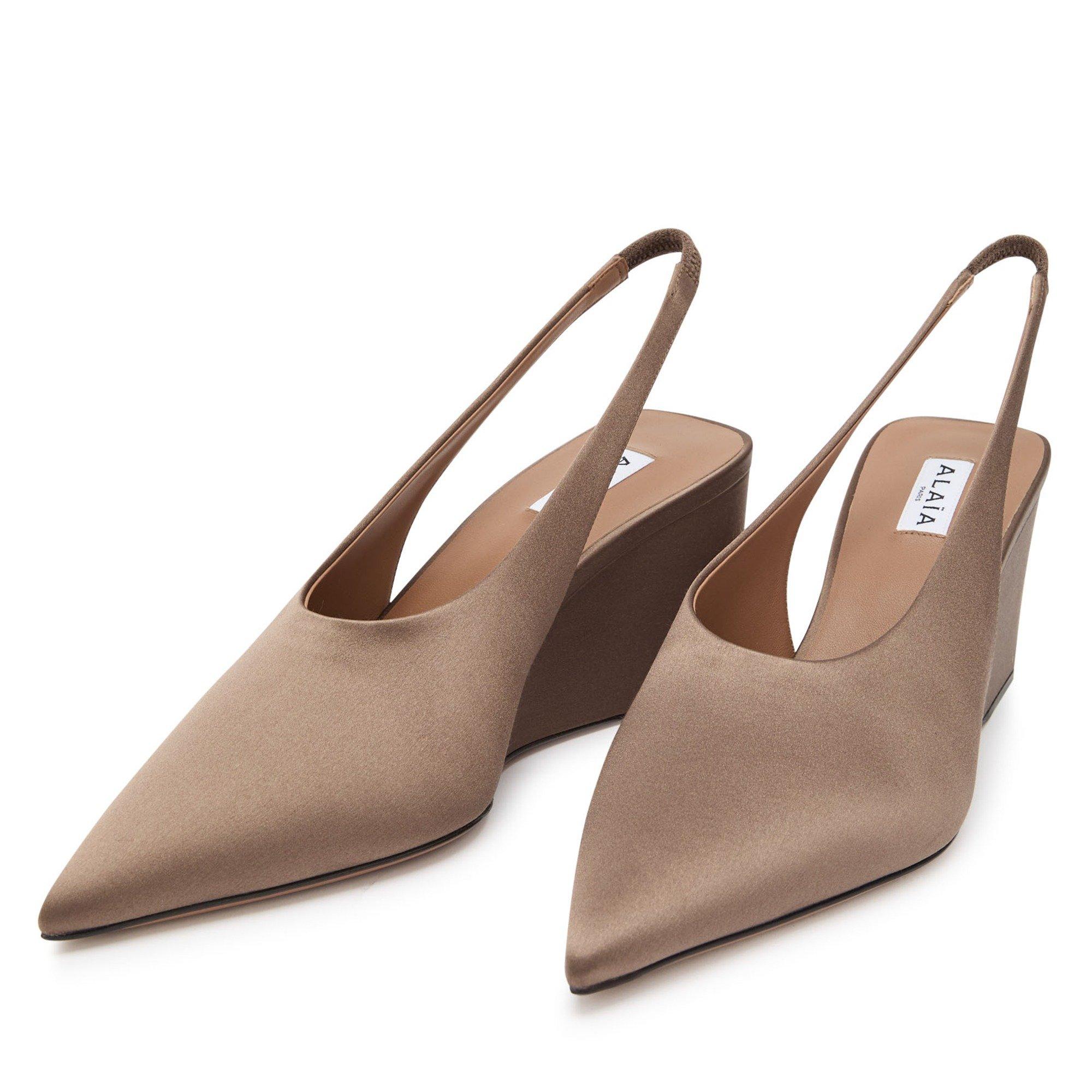 LIGHT PINK - Alaia - Women's CUBE Satin Wedge Slingbacks 75 mm - 3
