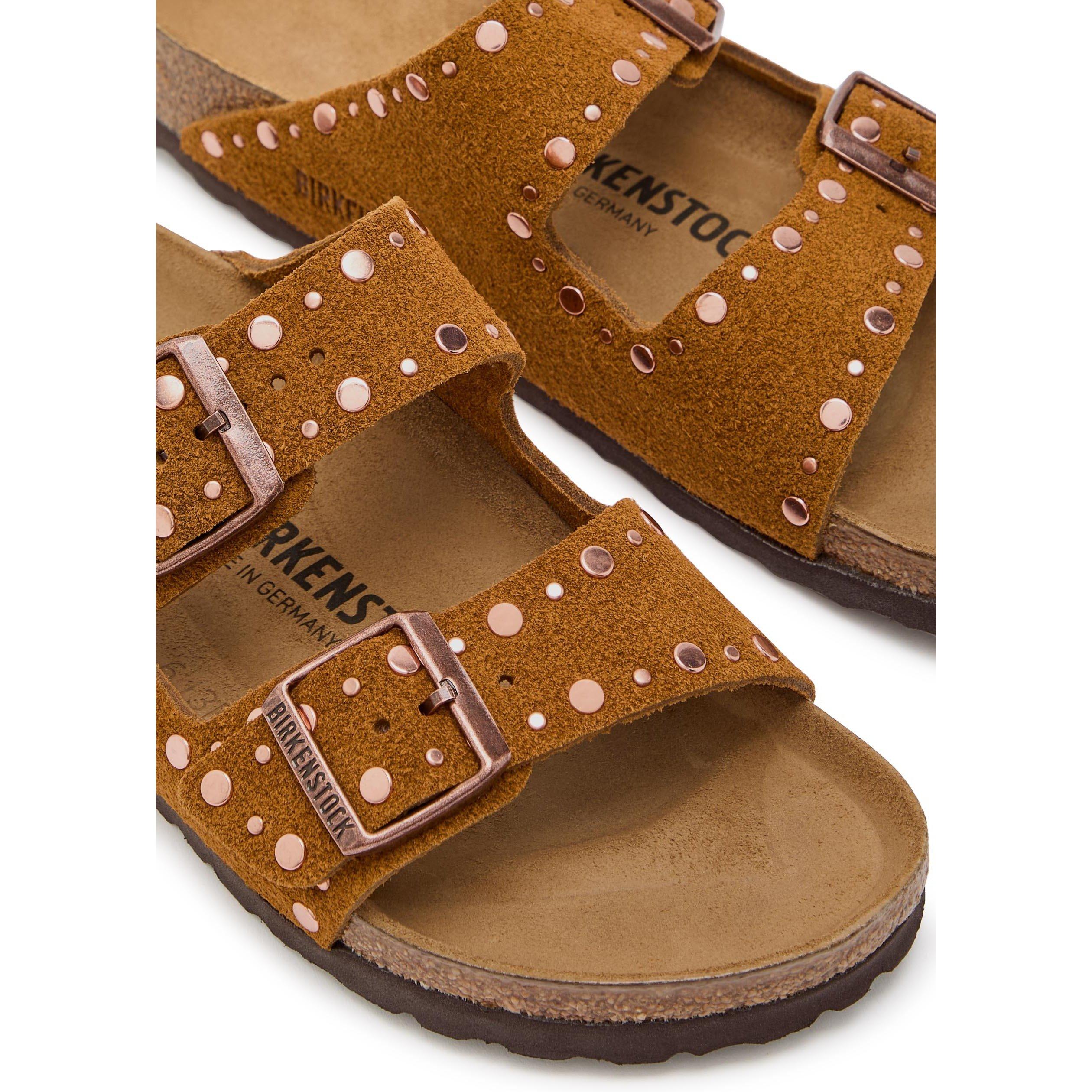 TAN - Birkenstock - Women's Arizona Rivet Suede Flat Sandals - 4