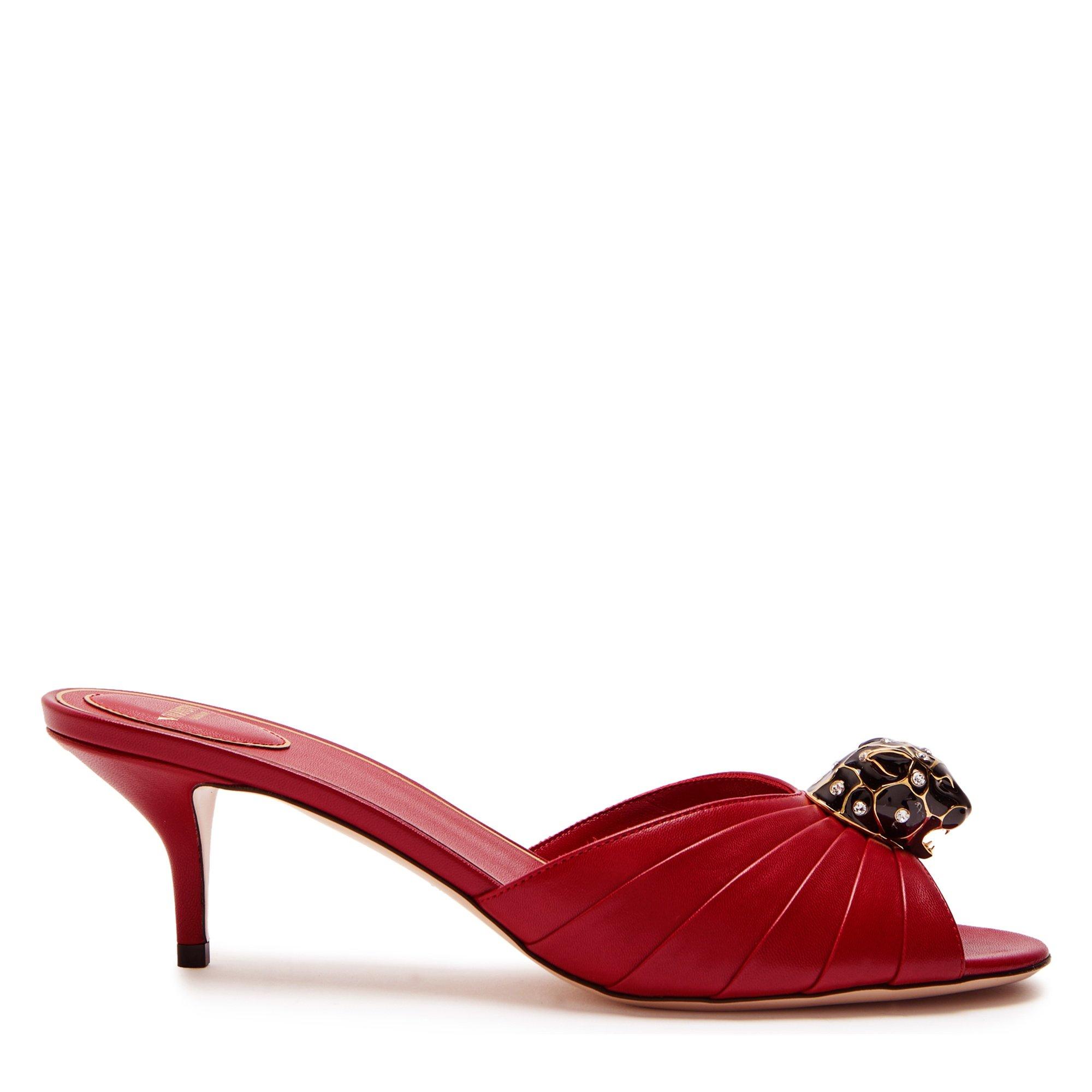 RED - Valentino - Women's Pas de Chat Leather Heeled Mules - 1
