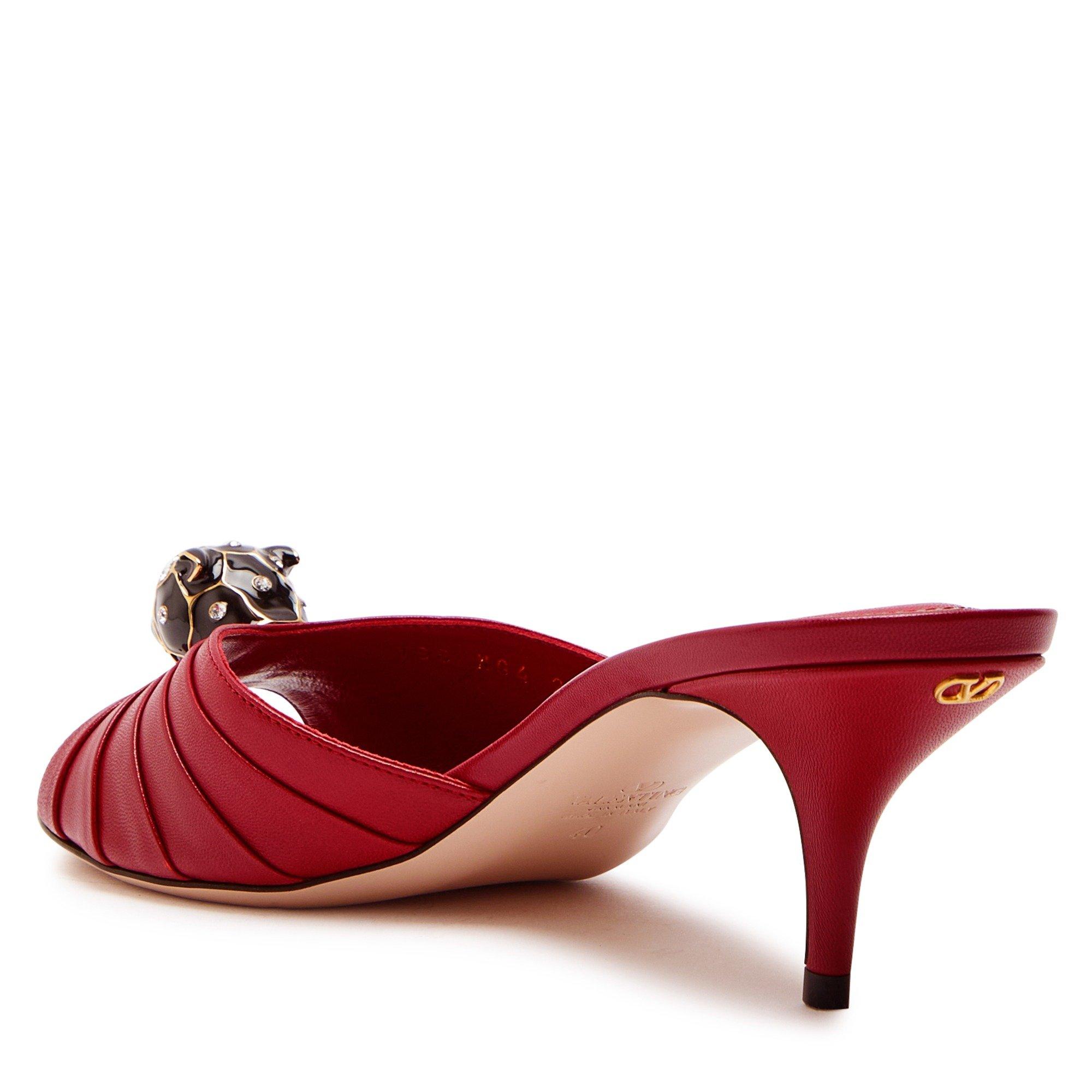 RED - Valentino - Women's Pas de Chat Leather Heeled Mules - 2