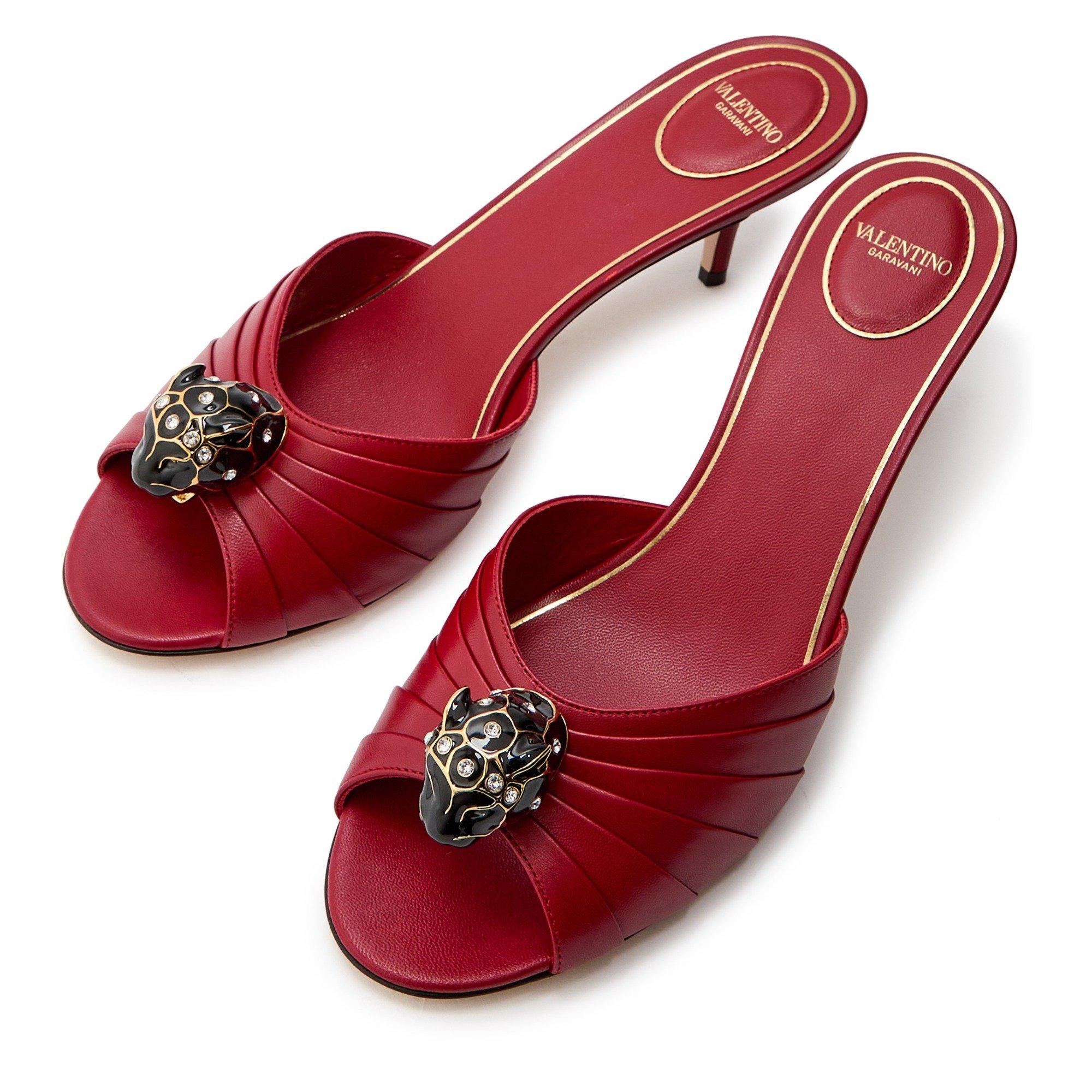 RED - Valentino - Women's Pas de Chat Leather Heeled Mules - 3