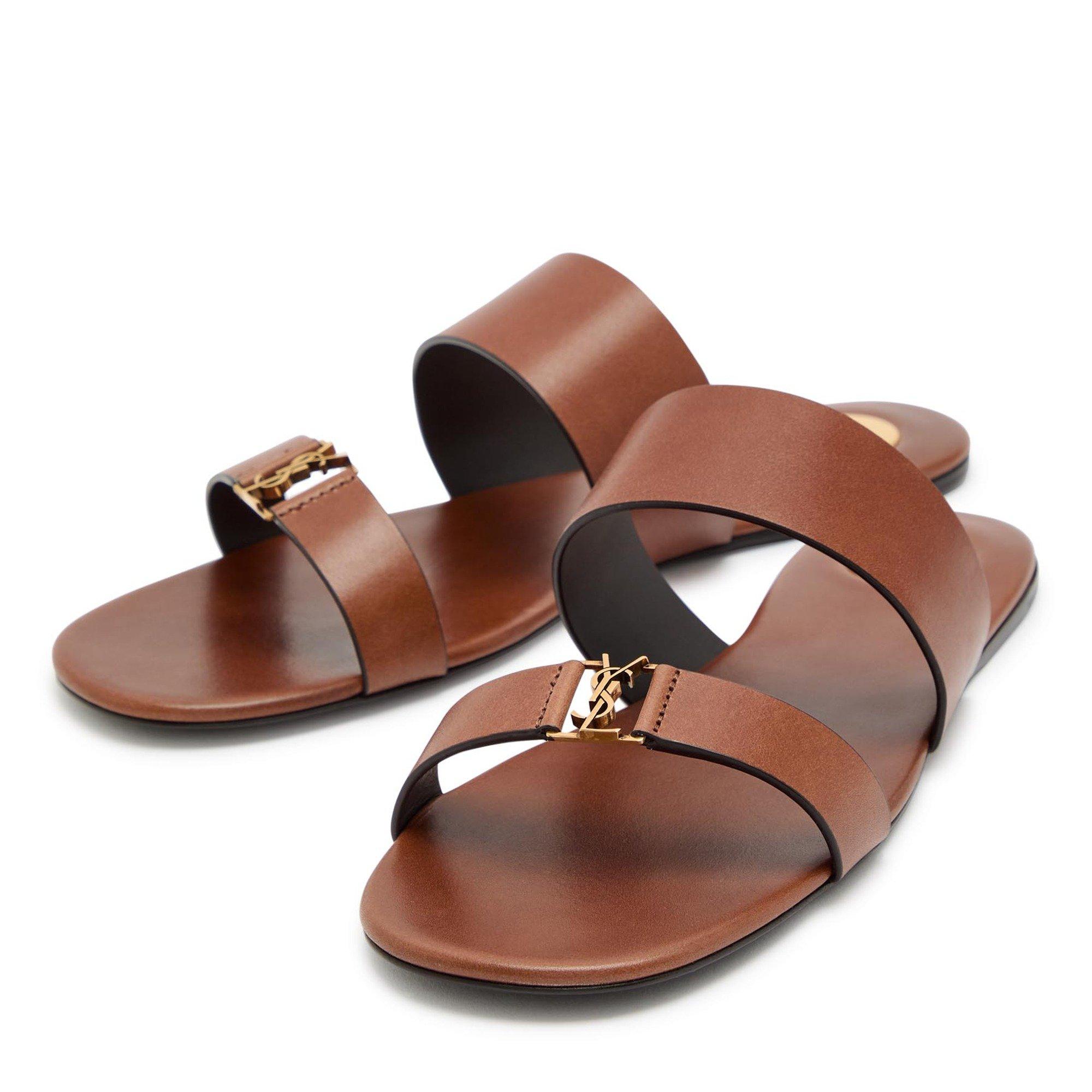 BROWN - Saint Laurent - Women's Babylone Leather Flat Sandals - 3