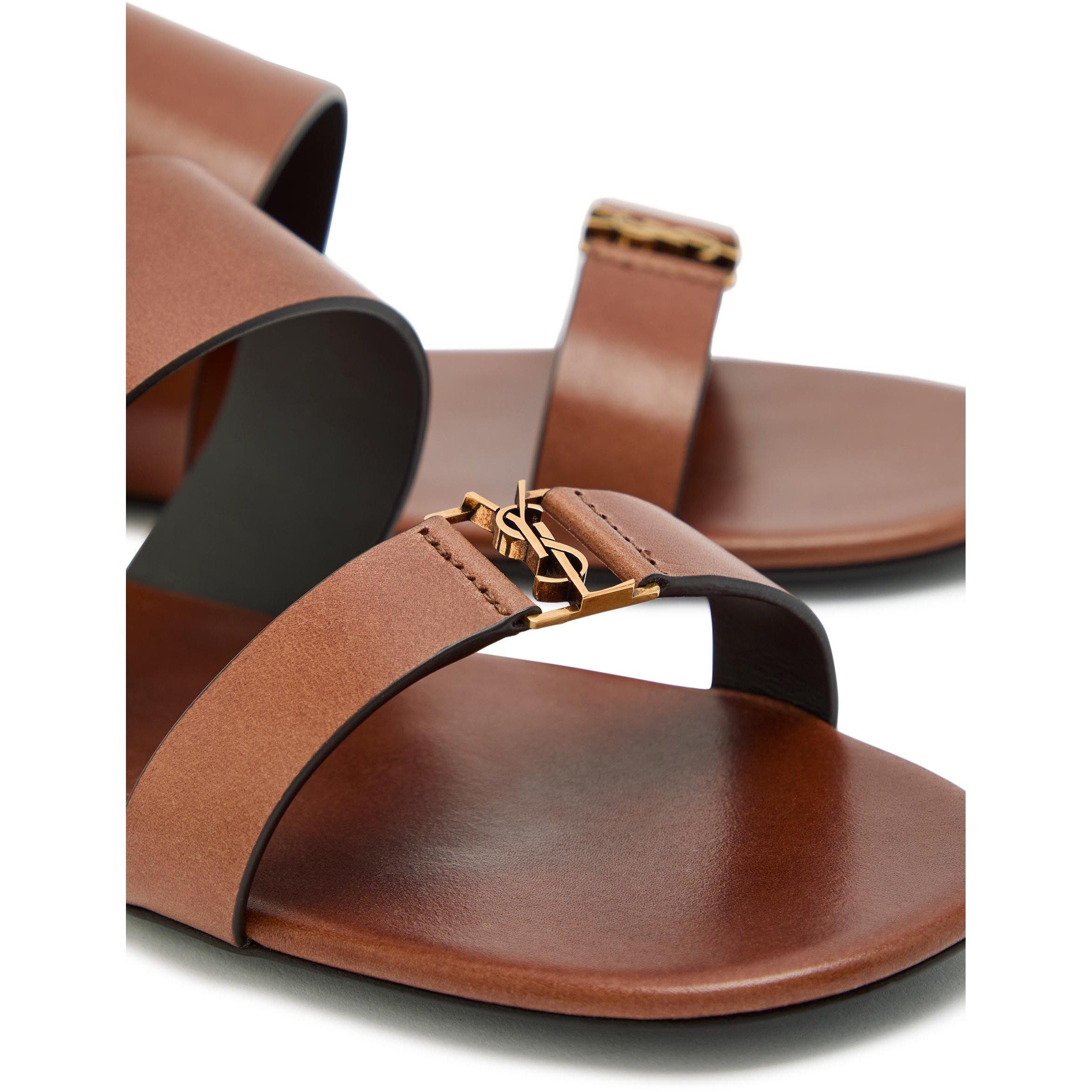 BROWN - Saint Laurent - Women's Babylone Leather Flat Sandals - 4