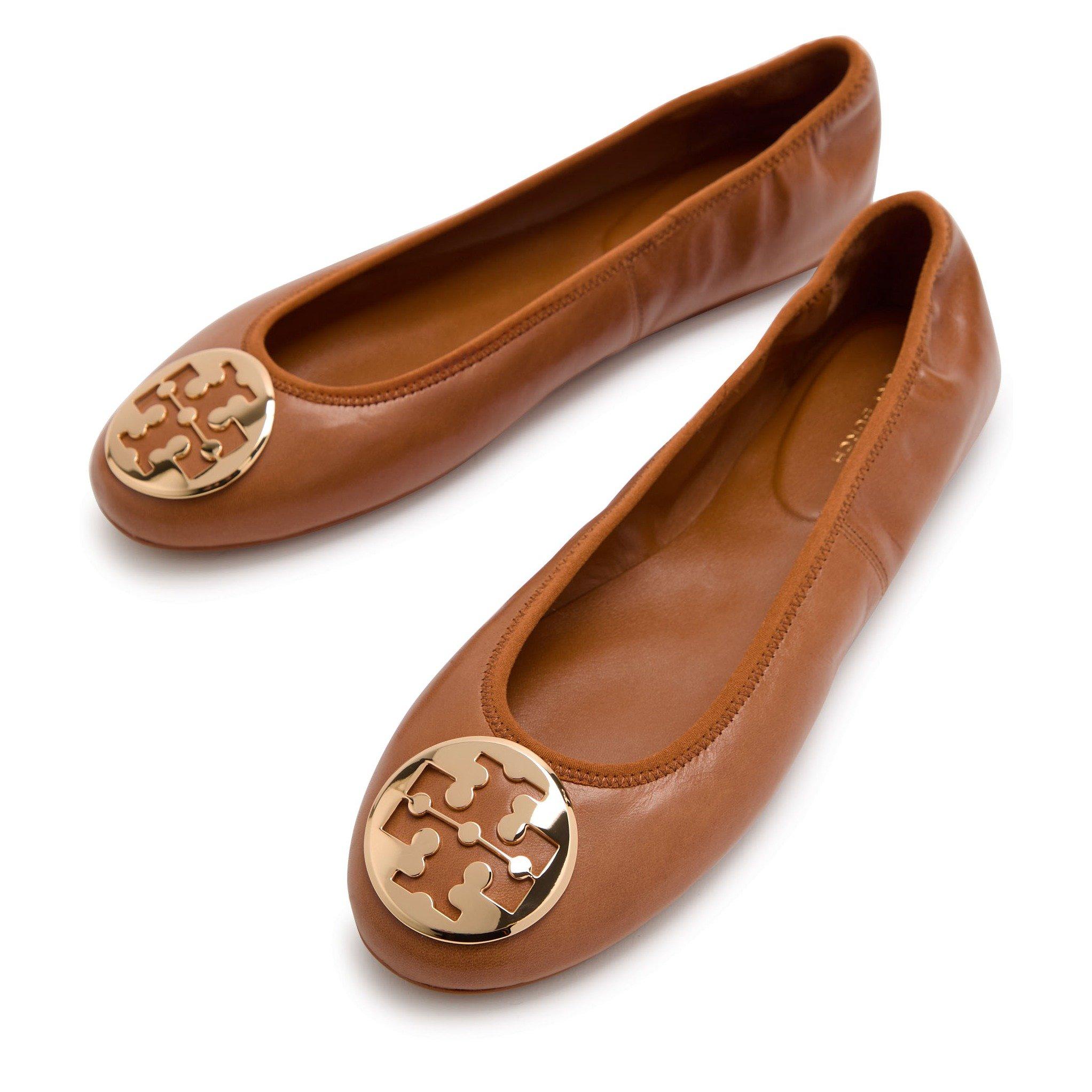 TAN - Tory Burch - Women's Reva Travel Leather Ballet Pumps - 3