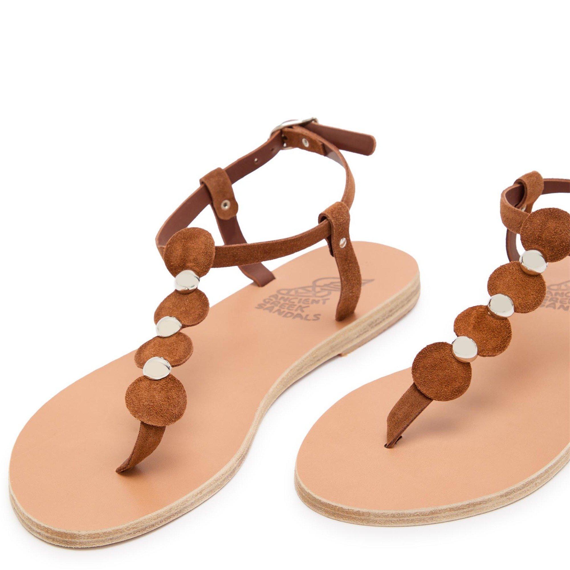 BROWN - Ancient Greek Sandals - Women's Ilida Studded Suede Flat Sandals - 4