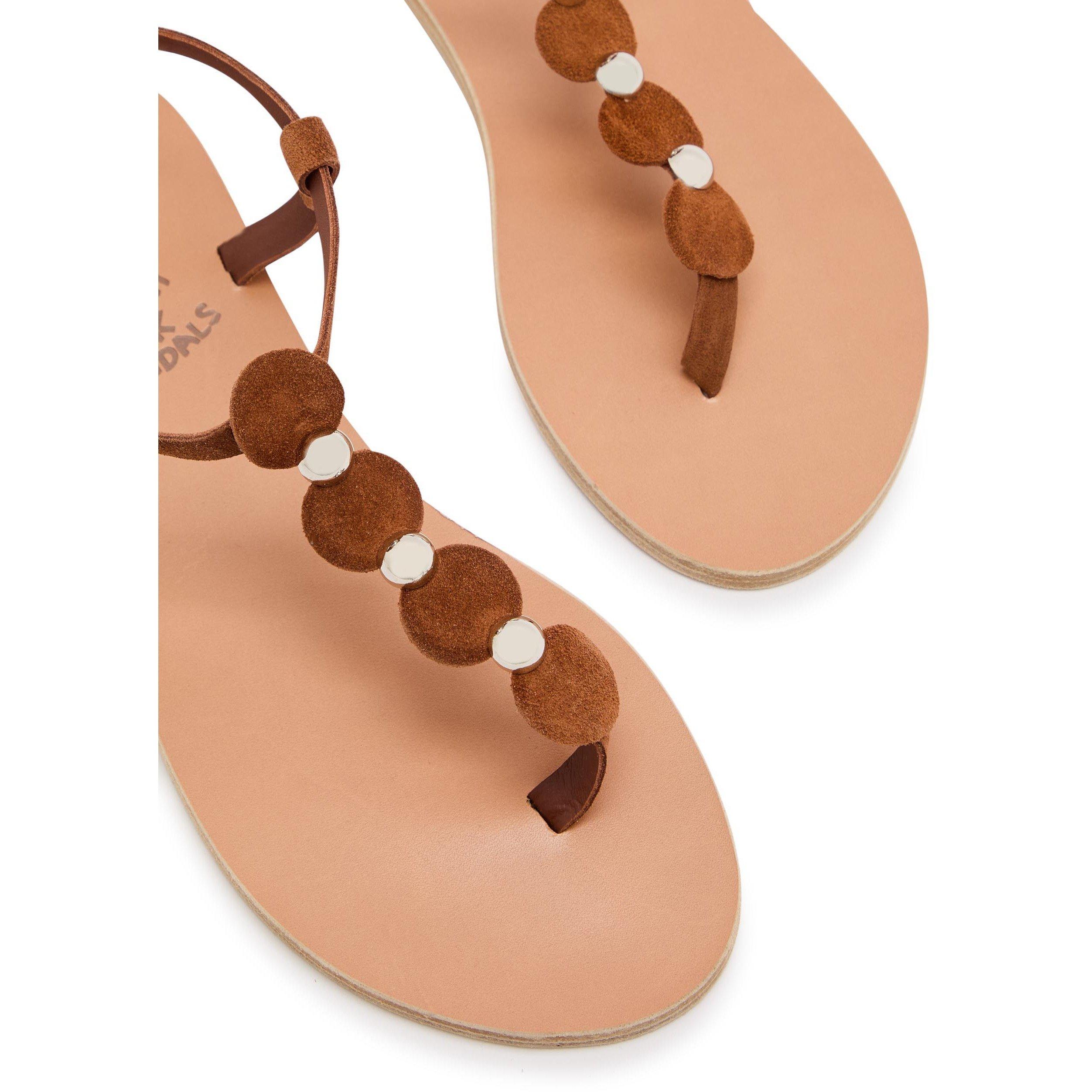 BROWN - Ancient Greek Sandals - Women's Ilida Studded Suede Flat Sandals - 5