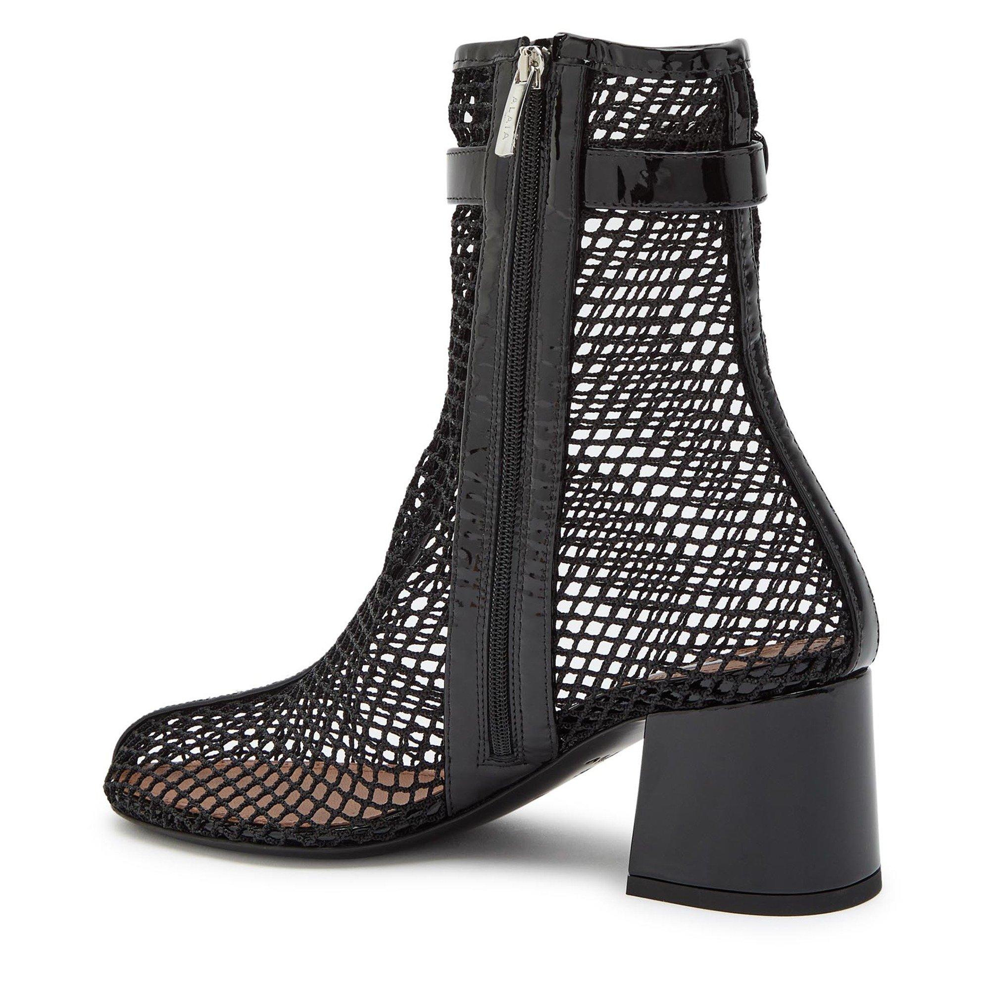 BLACK - Alaia - Women's Fishnet Patent Leather Block-Heel Ankle Boots - 2