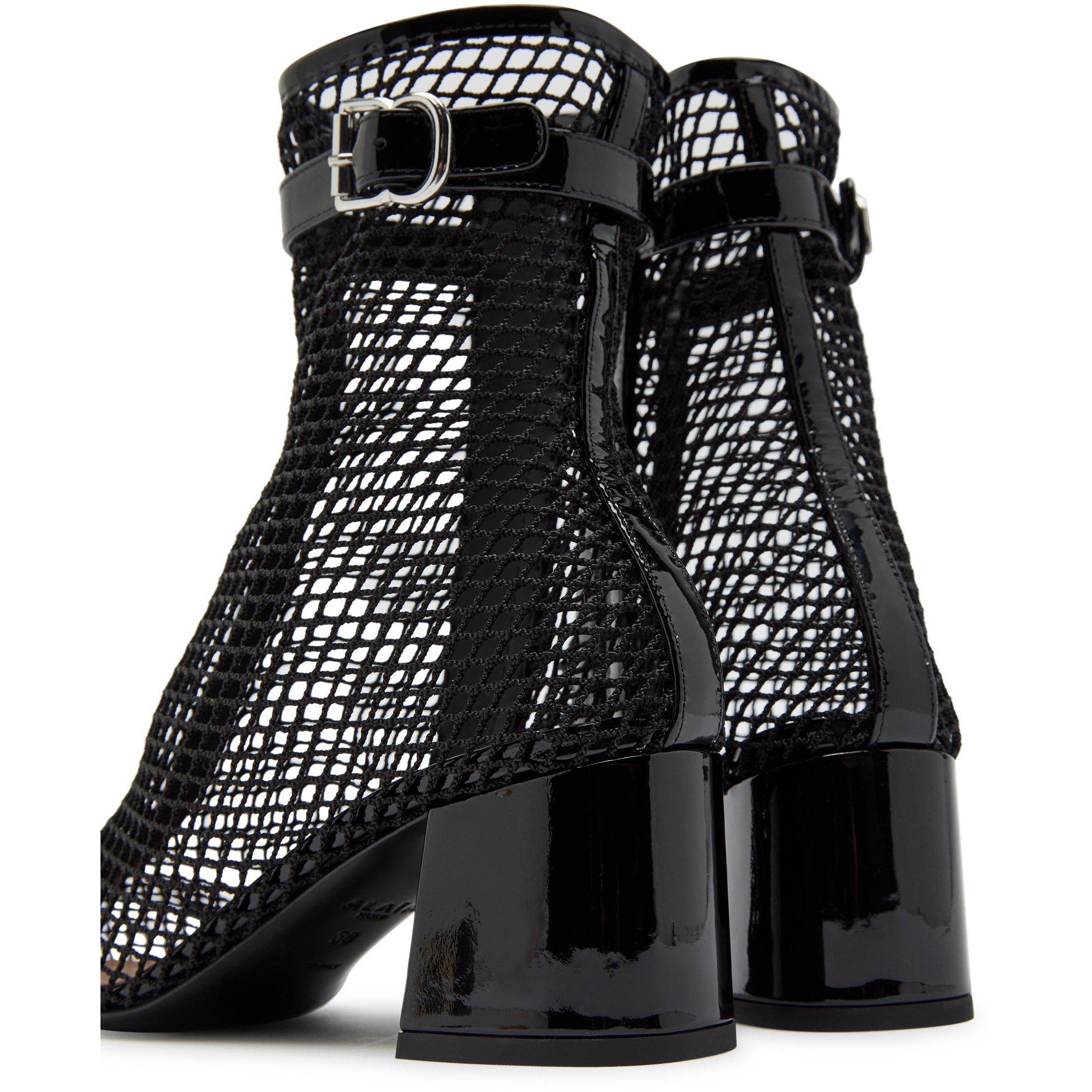 BLACK - Alaia - Women's Fishnet Patent Leather Block-Heel Ankle Boots - 5