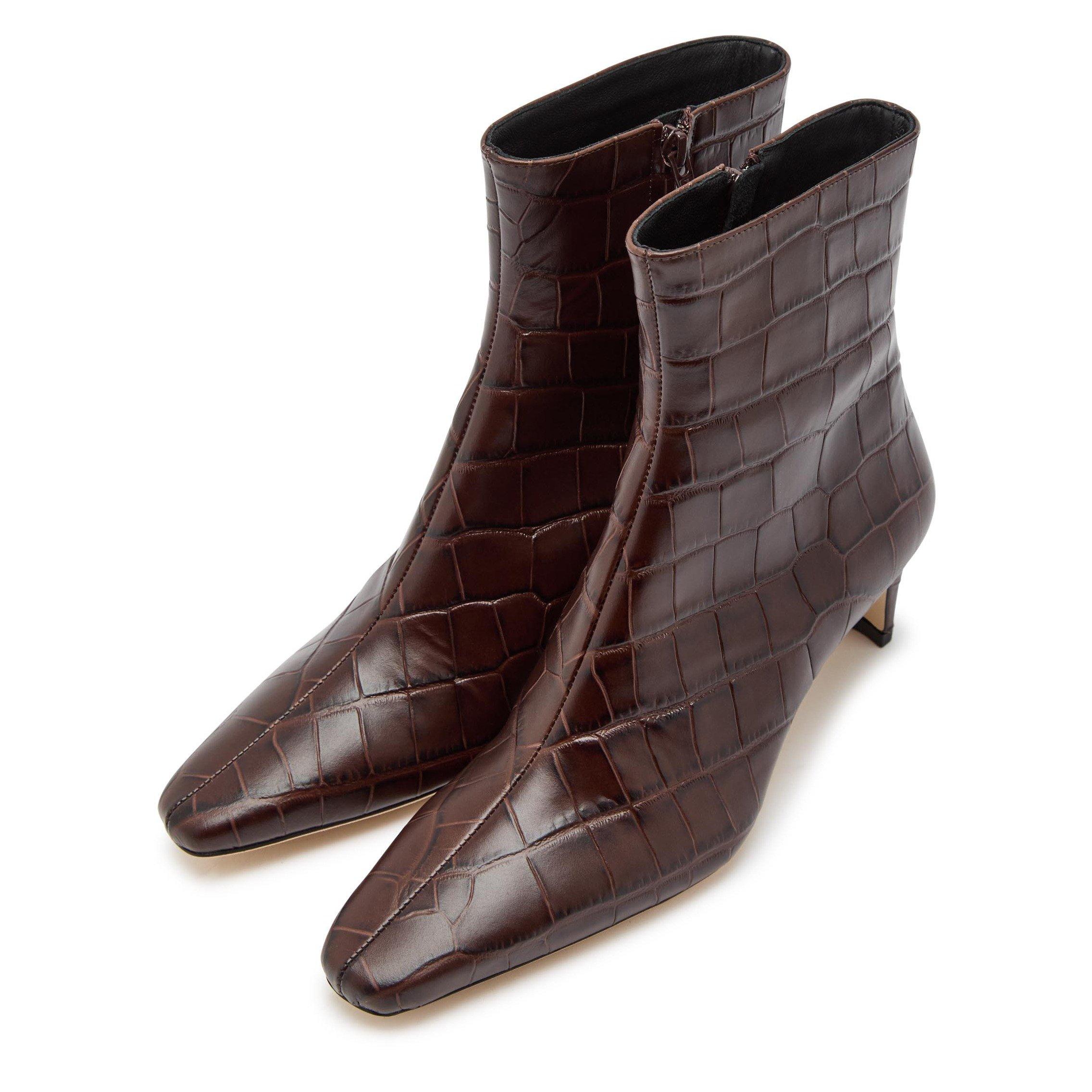 BROWN - Staud - Women's Wally Leather Square-Toe Kitten-Heel Ankle Boots - 3