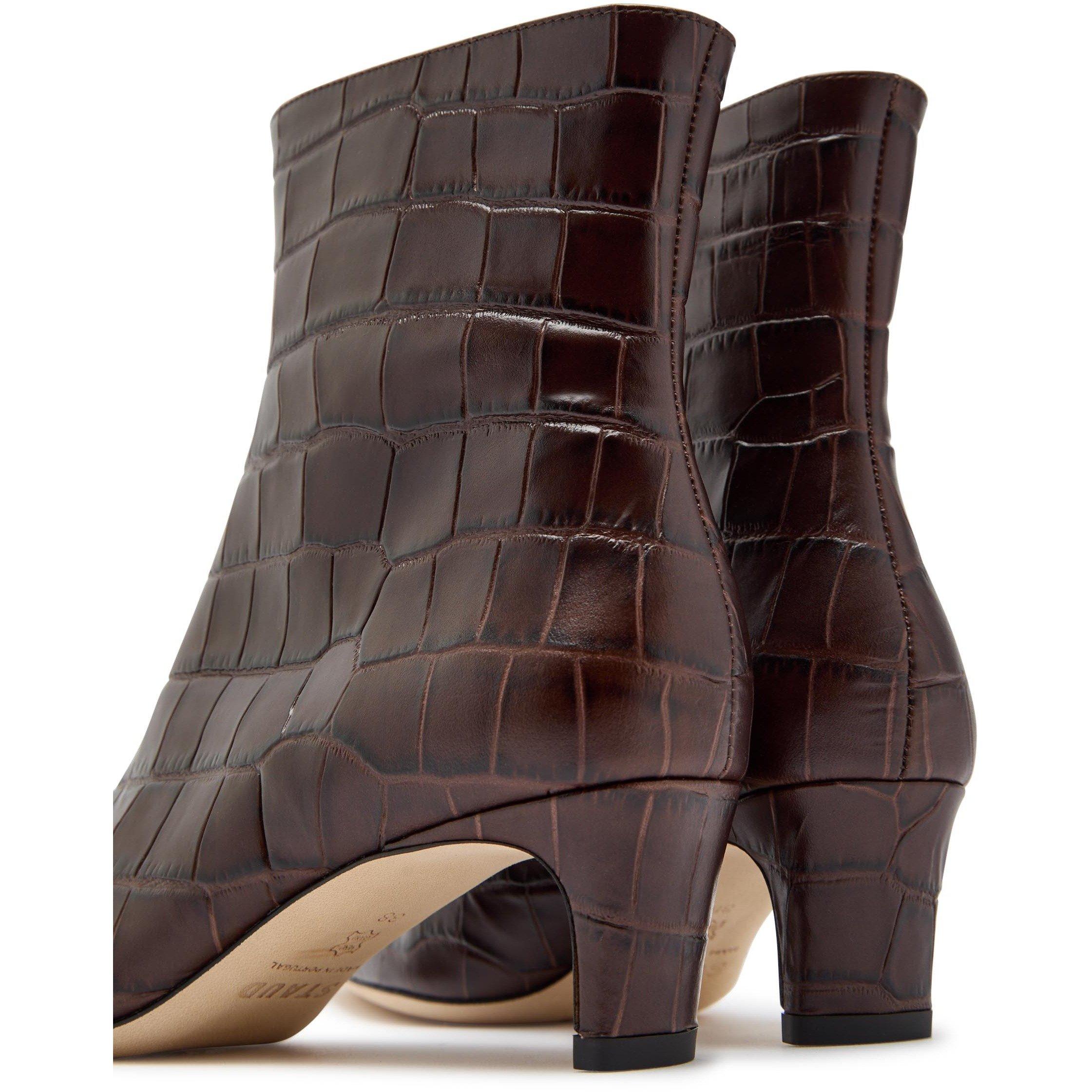 BROWN - Staud - Women's Wally Leather Square-Toe Kitten-Heel Ankle Boots - 4