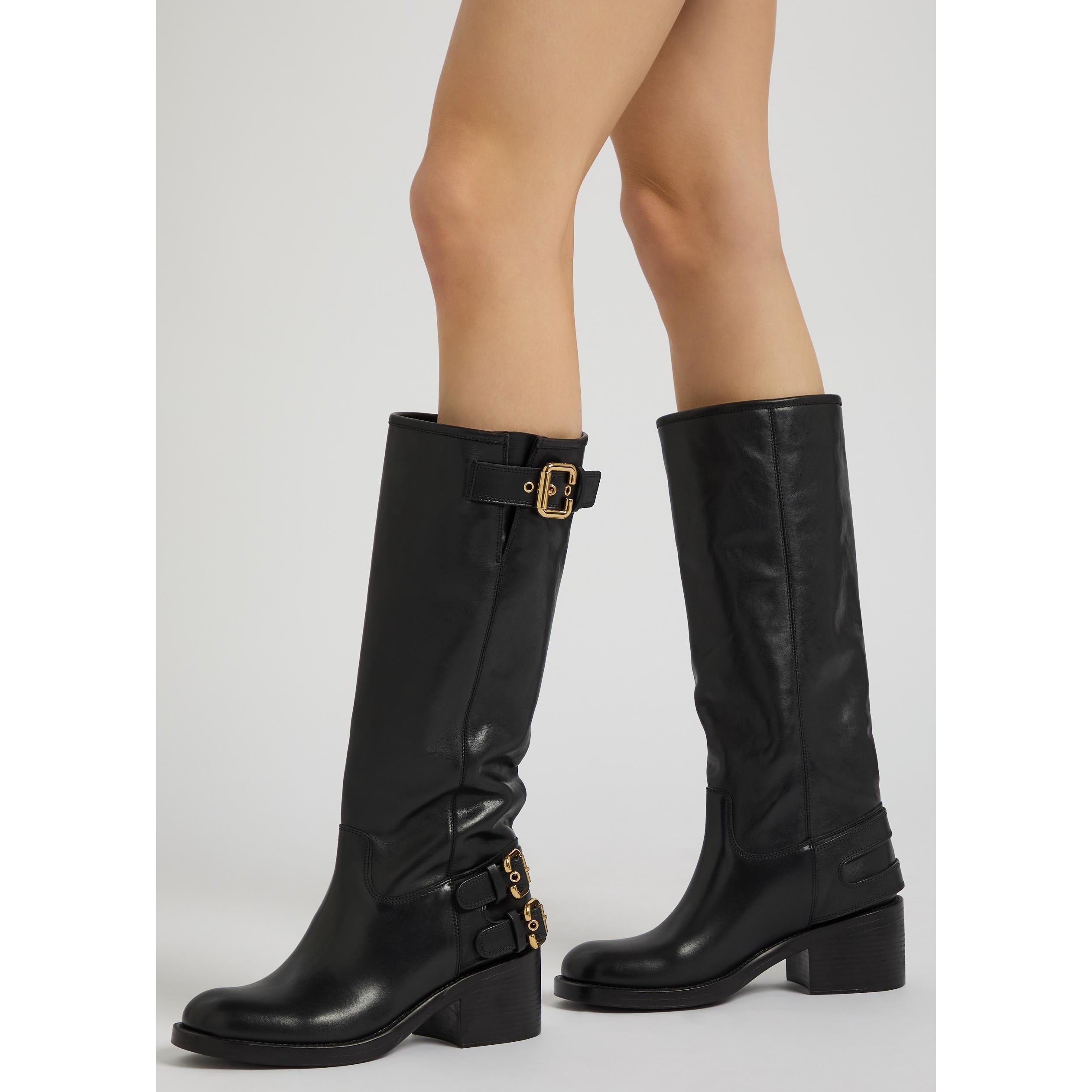 BLACK - Chloe - Women's New Bikers Leather Knee High Boots - 3