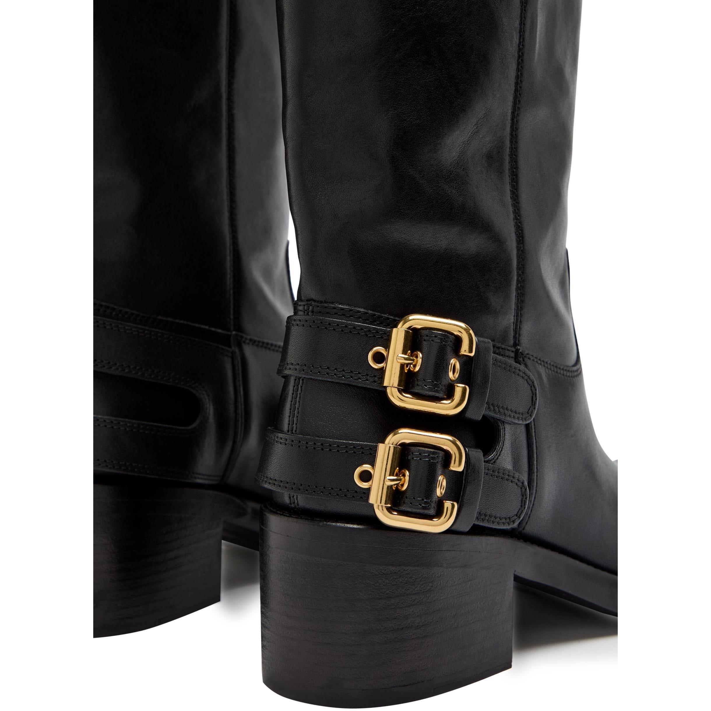 BLACK - Chloe - Women's New Bikers Leather Knee High Boots - 5