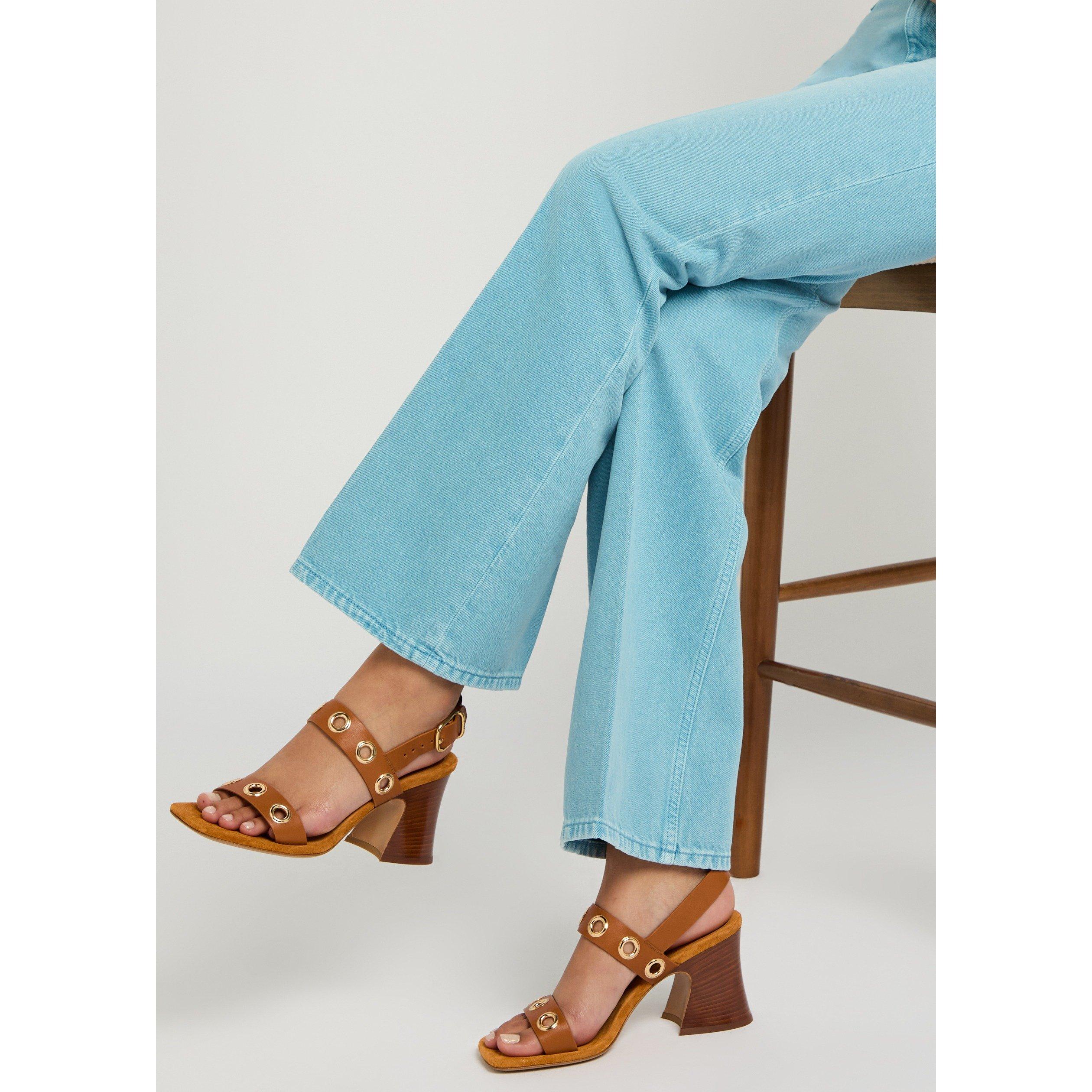 BROWN - Chloe - Women's Janis Leather Square-Toe Block-Heel Sandals - 3
