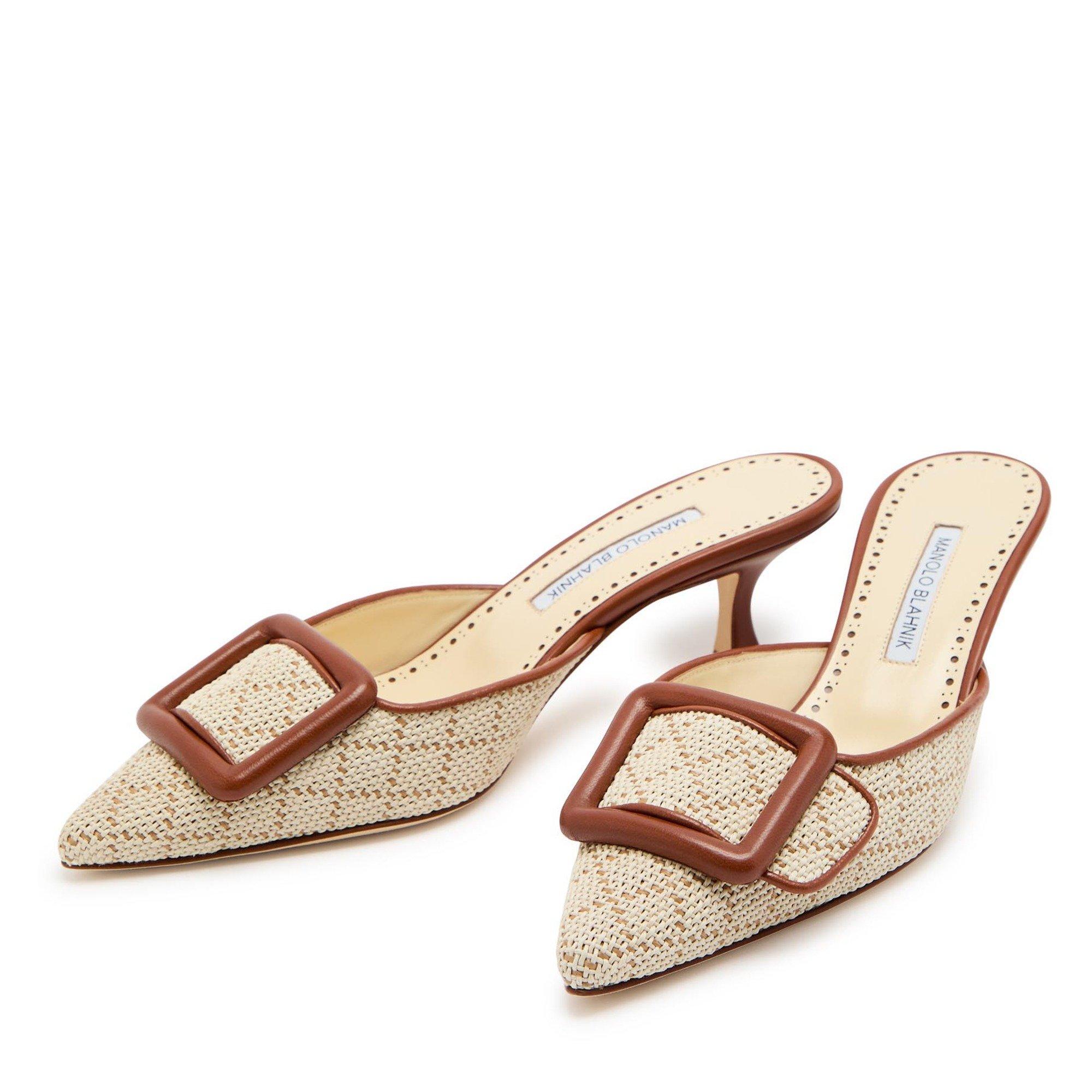 BEIGE - Manolo Blahnik - Women's Maysalebi Raffia Kitten-Heel Mules - 4