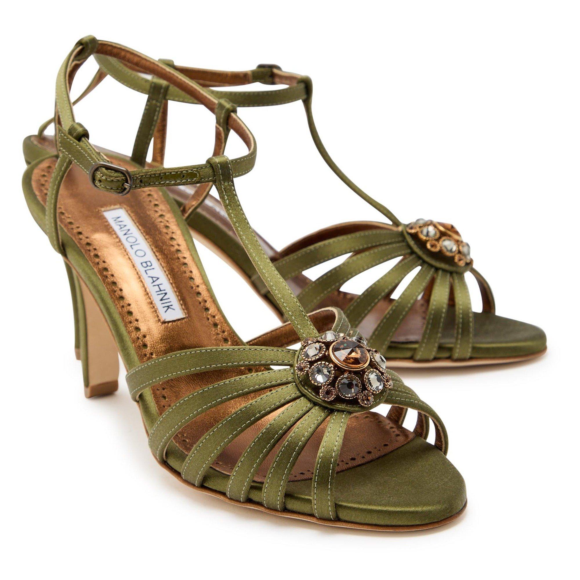 KHAKI - Manolo Blahnik - Women's Satin Crystal Heeled Sandals - 4