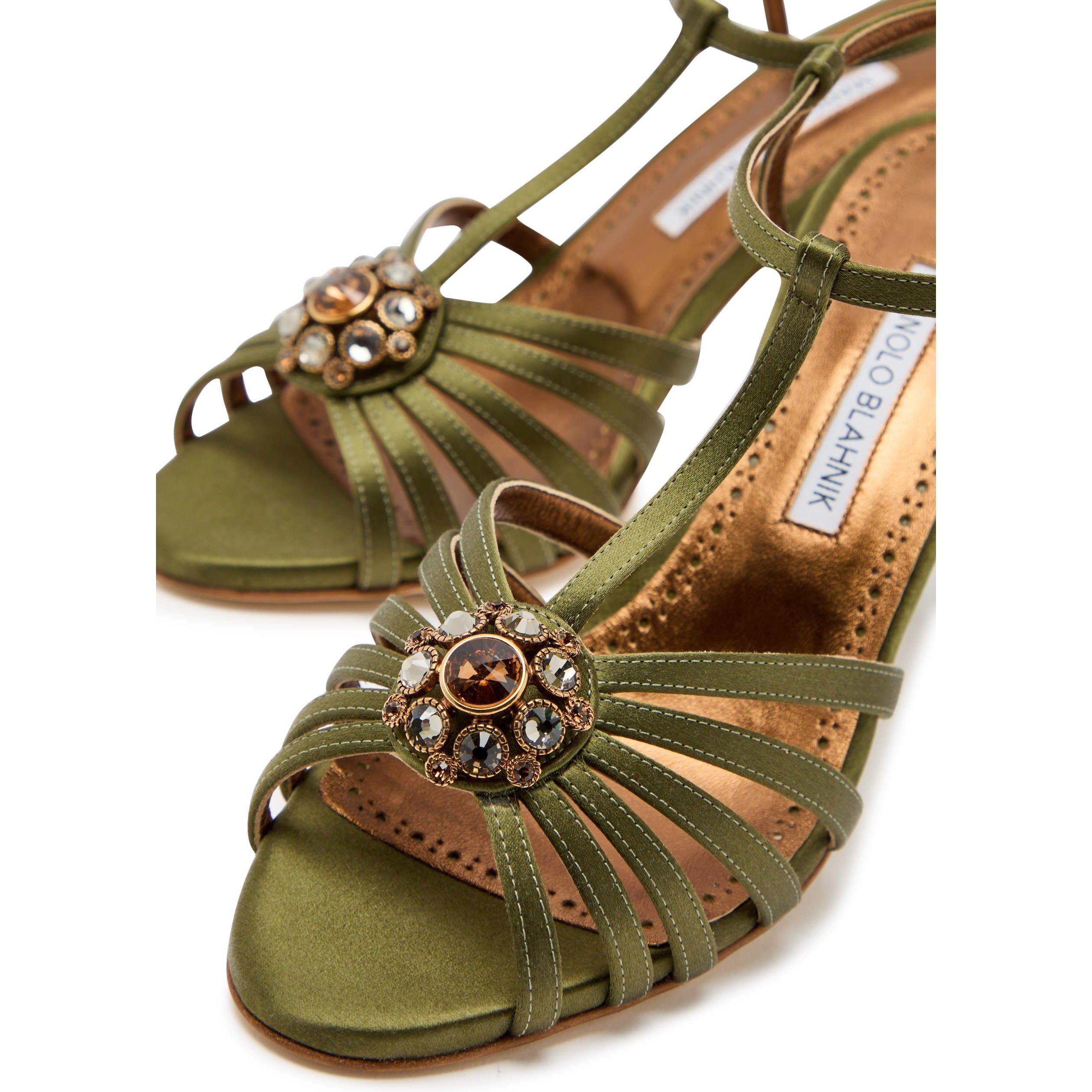 KHAKI - Manolo Blahnik - Women's Satin Crystal Heeled Sandals - 5