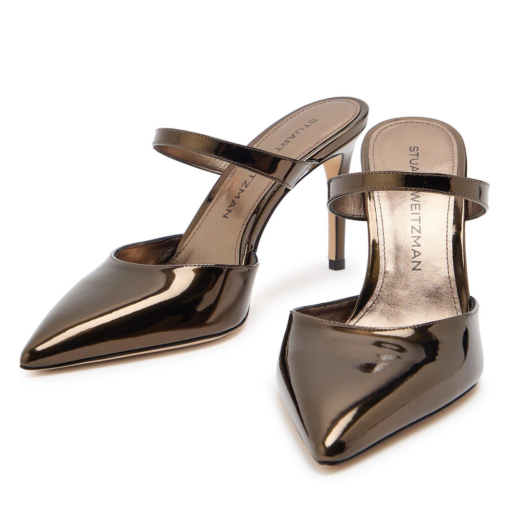 BROWN - Stuart Weitzman - Women's Power 85 Patent Leather Pointed-Toe Heeled Mules - 3