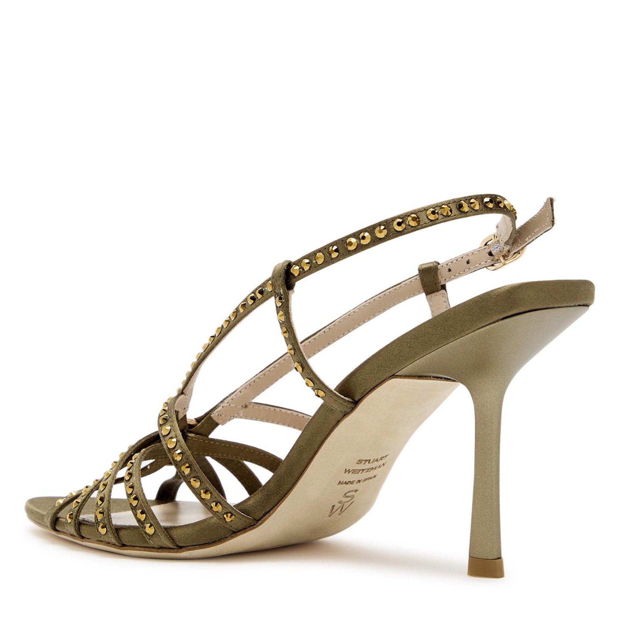 KHAKI - Stuart Weitzman - Women's Carlyle 85 Crystal Embellished Satin Heeled Sandals - 2