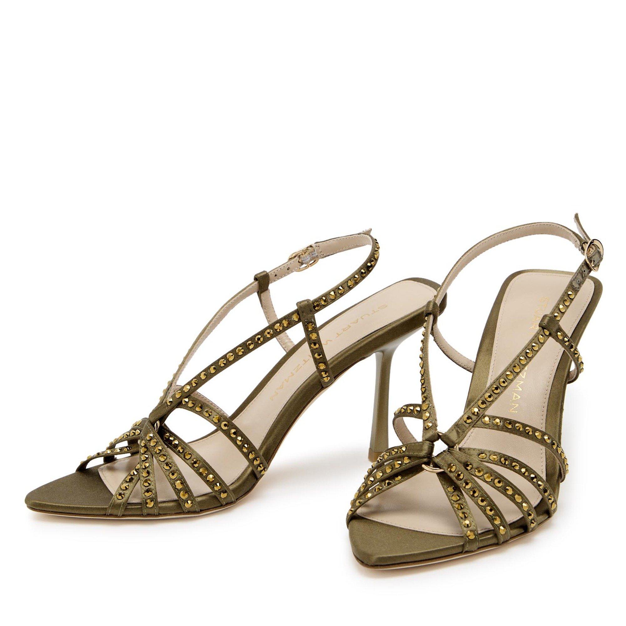 KHAKI - Stuart Weitzman - Women's Carlyle 85 Crystal Embellished Satin Heeled Sandals - 3