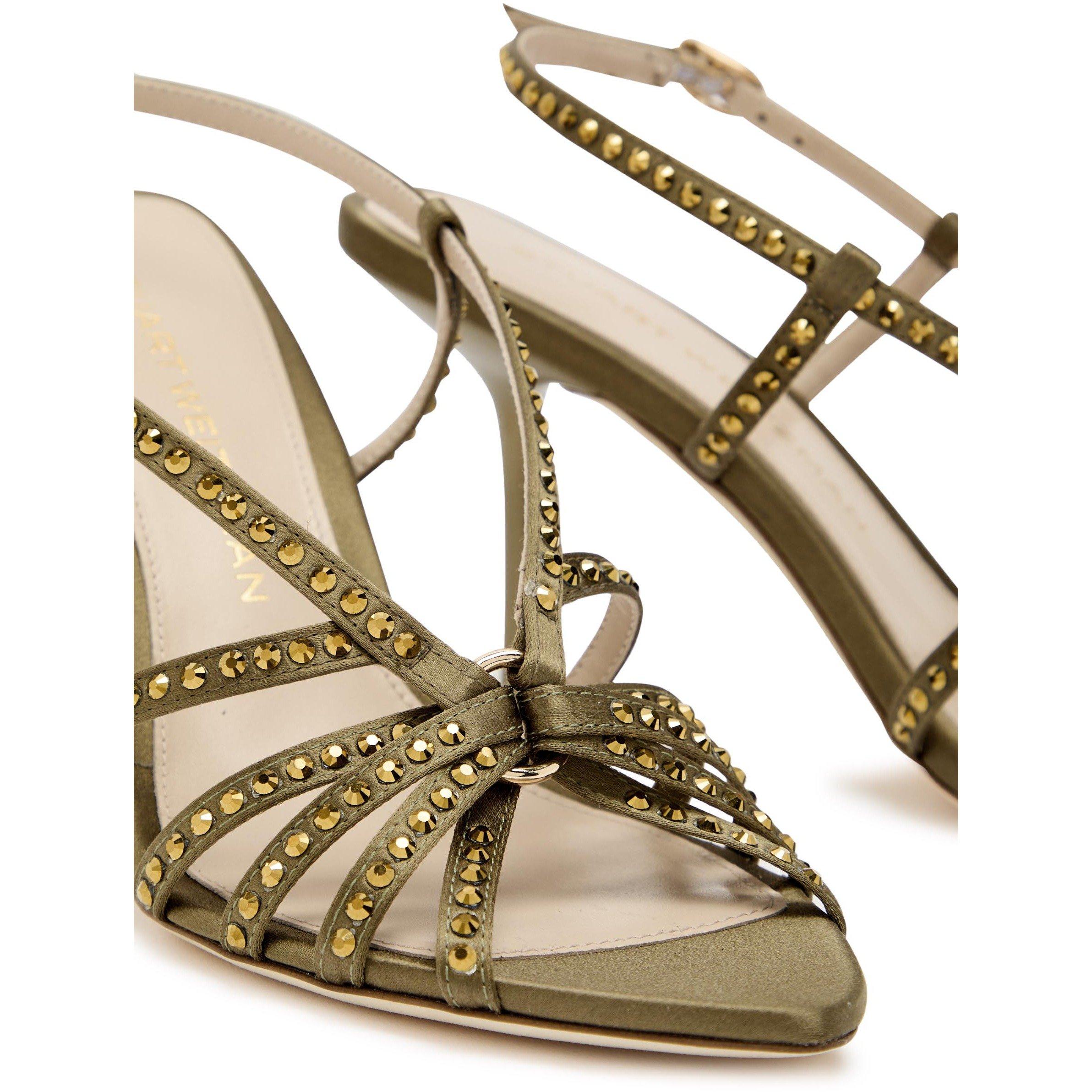 KHAKI - Stuart Weitzman - Women's Carlyle 85 Crystal Embellished Satin Heeled Sandals - 4