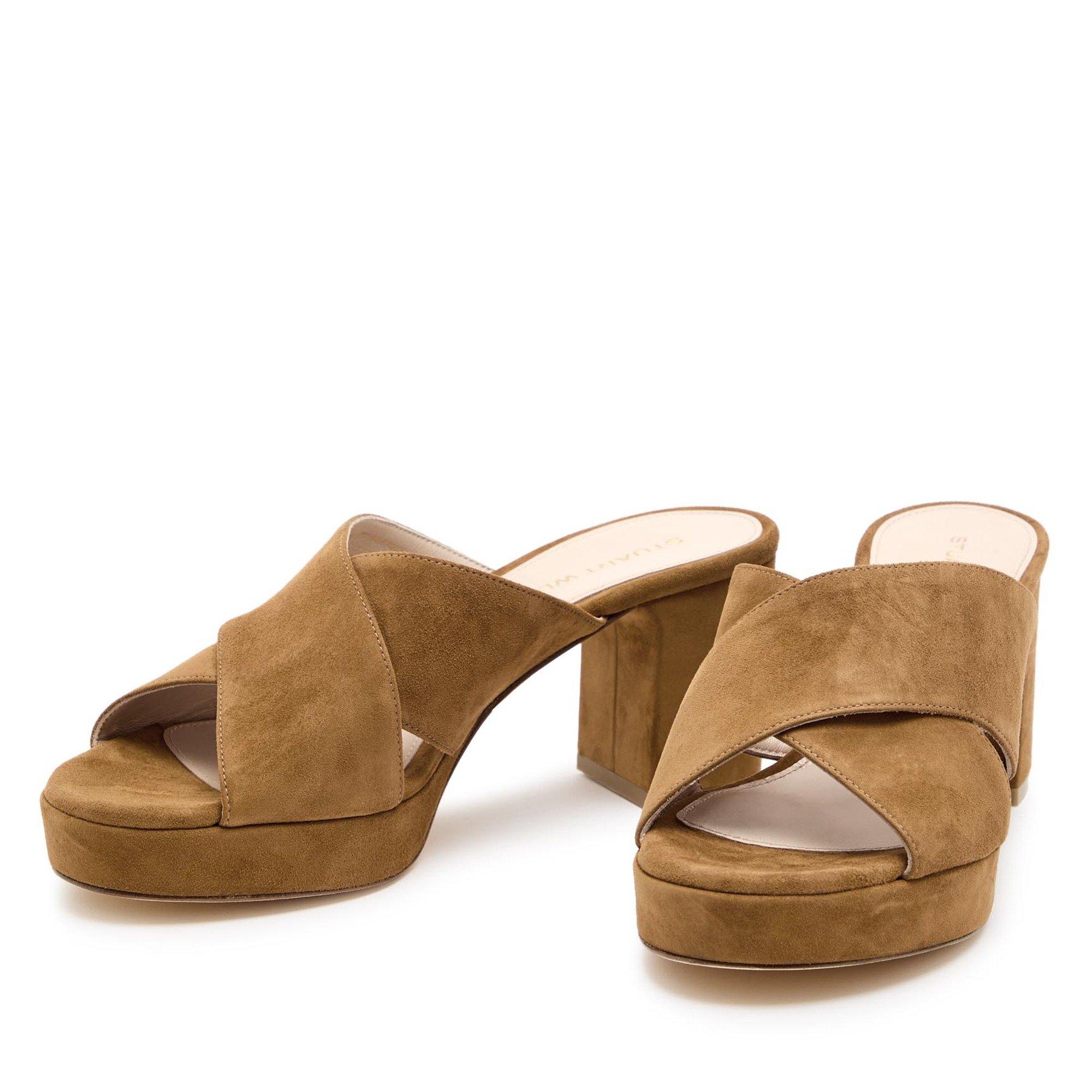 TAN - Stuart Weitzman - Women's Dayna Suede Heeled Platform Sandals - 3