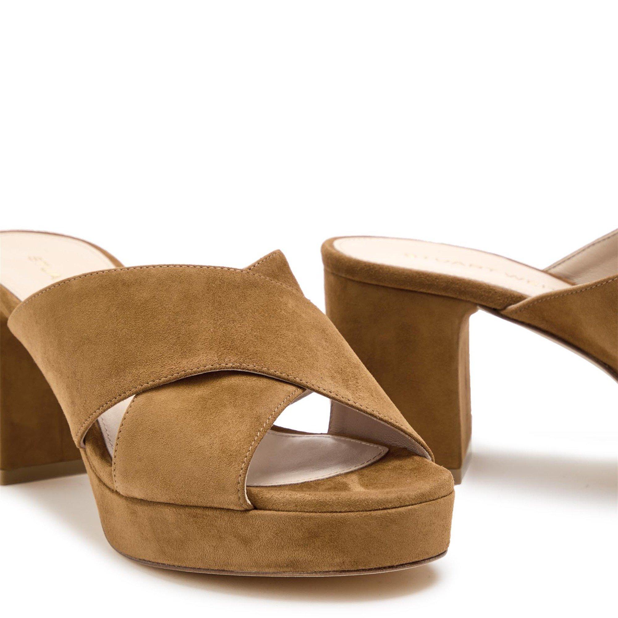 TAN - Stuart Weitzman - Women's Dayna Suede Heeled Platform Sandals - 4