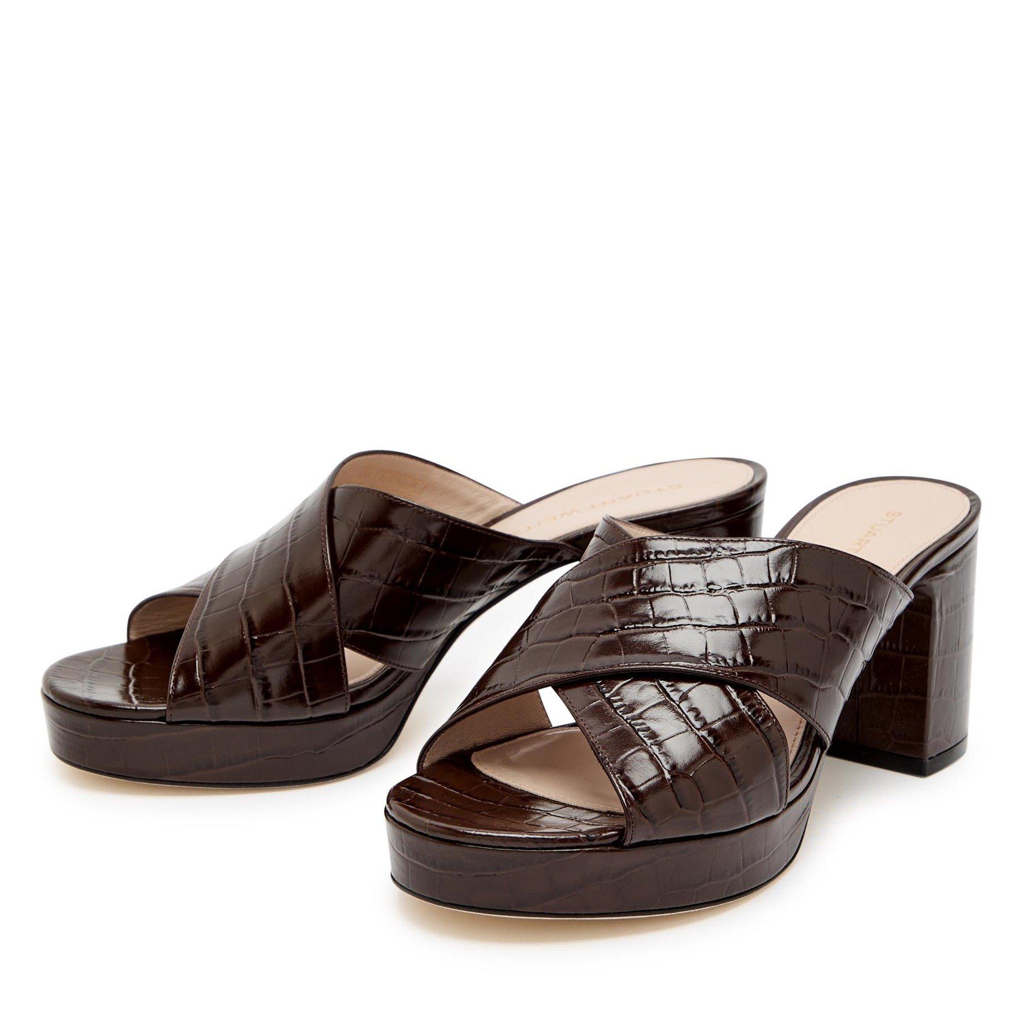 BROWN - Stuart Weitzman - Women's Dayna Leather Heeled Platform Sandals - 3